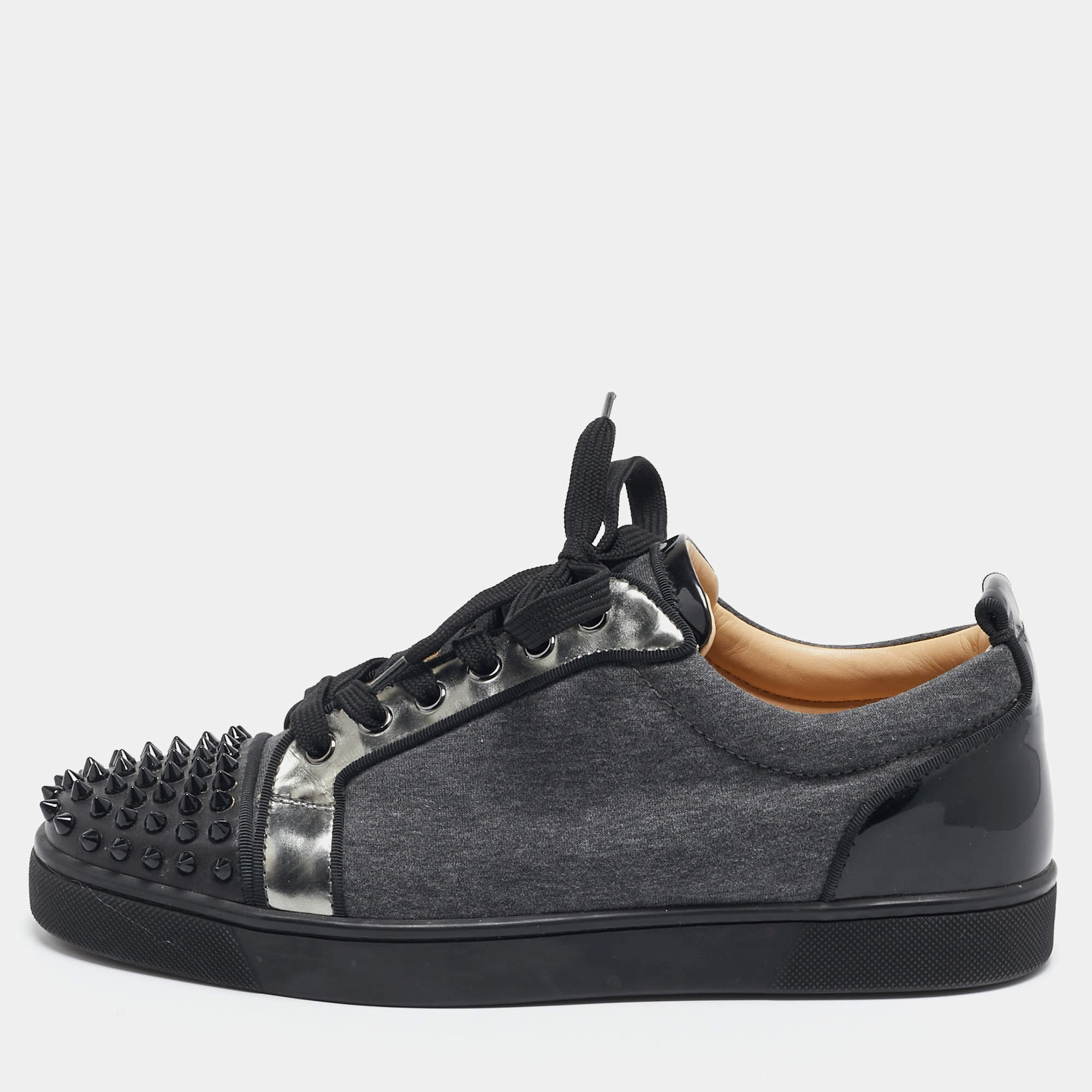 Christian Louboutin Black/Grey Leather and Fabric Louis Junior Spikes Sneakers Size 41