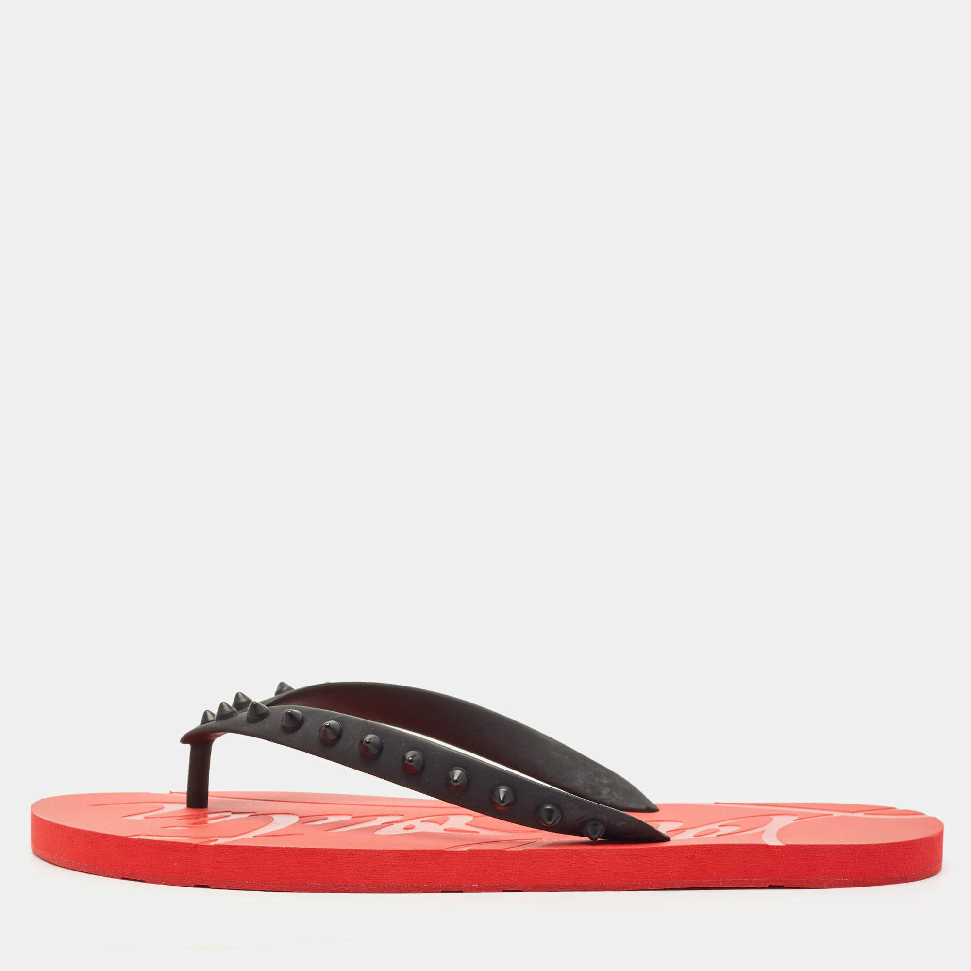Christian Louboutin Red/Black Rubber Loubi Spike Flip Flops Size 44