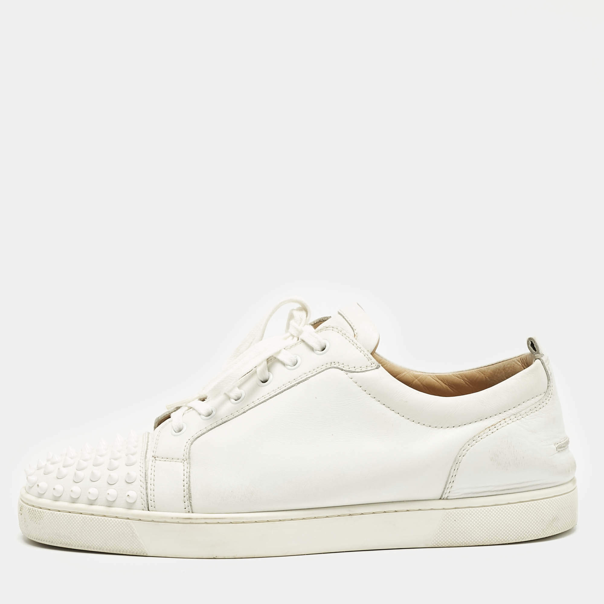 Christian Louboutin White Leather Louis Junior Spikes Lace Up Sneakers Size 45.5