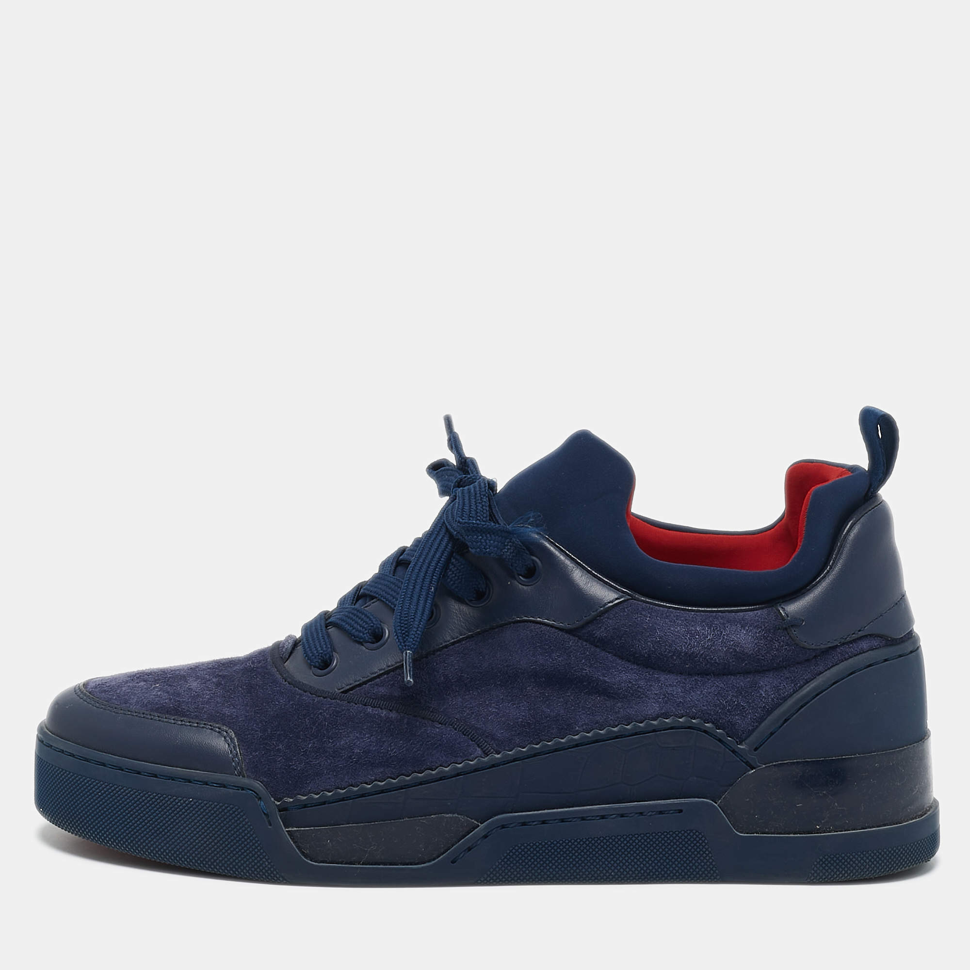 Christian Louboutin Navy Blue Leather and Suede Aurelien Low Top Sneakers Size 41.5
