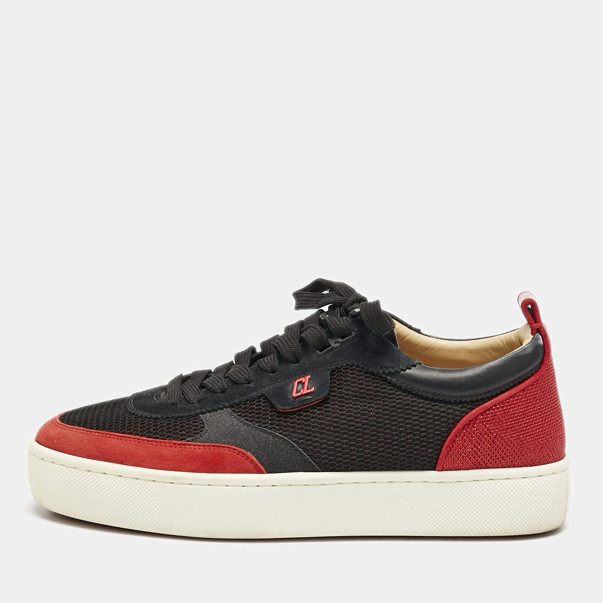 Christian Louboutin Red/Black Leather and Mesh Happyrui Sneakers Size 42