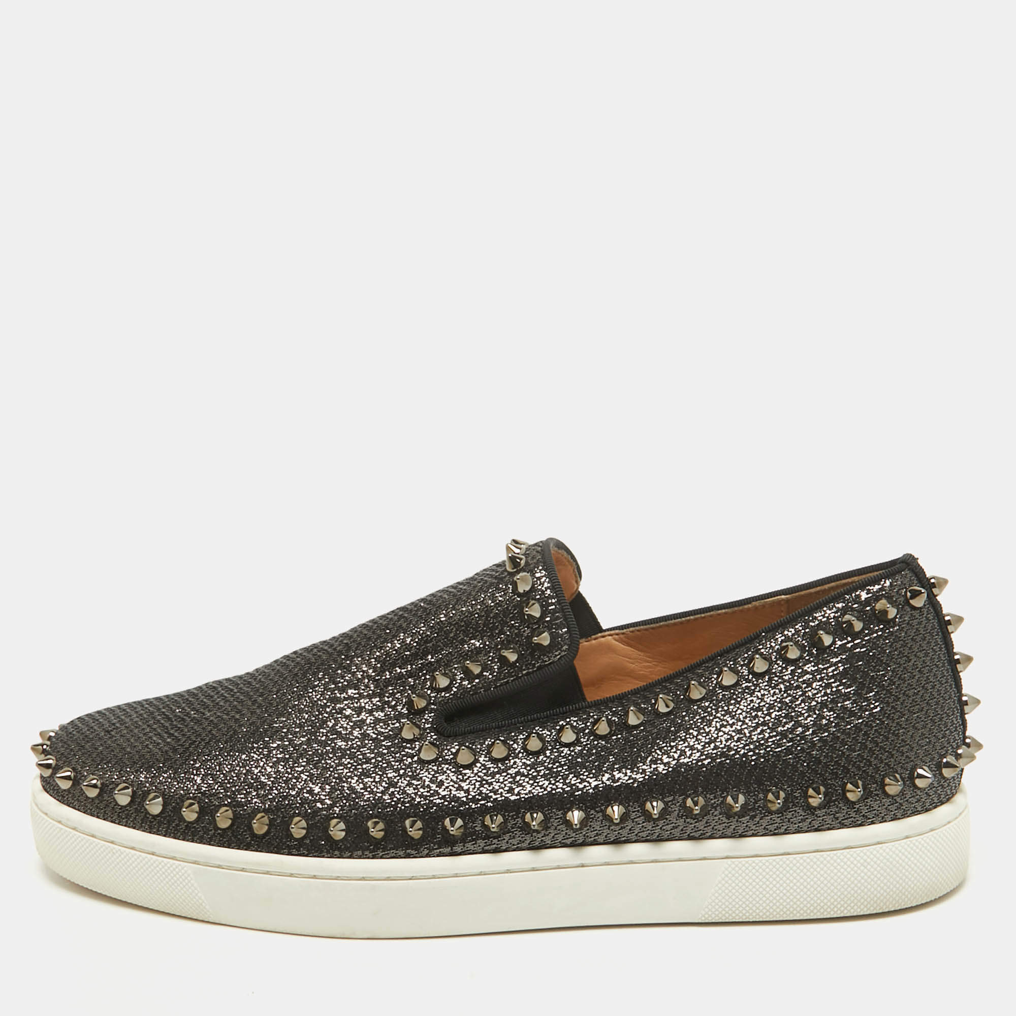 Christian Louboutin Black Laminated Leather Pik Boat Slip On Sneakers Size 41