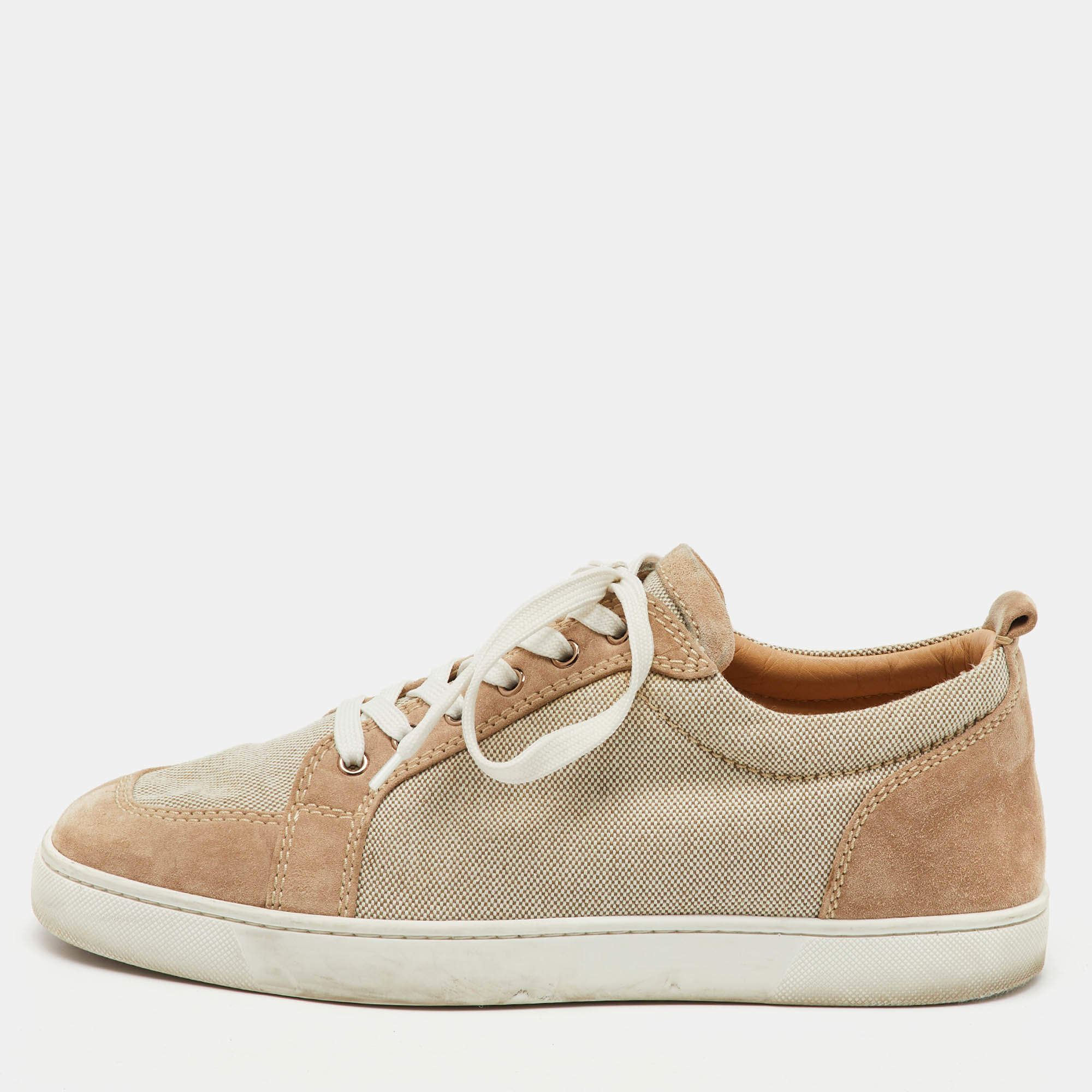 Christian Louboutin Beige/White Canvas and Suede Rantulow Low Top Sneakers Size 44.5