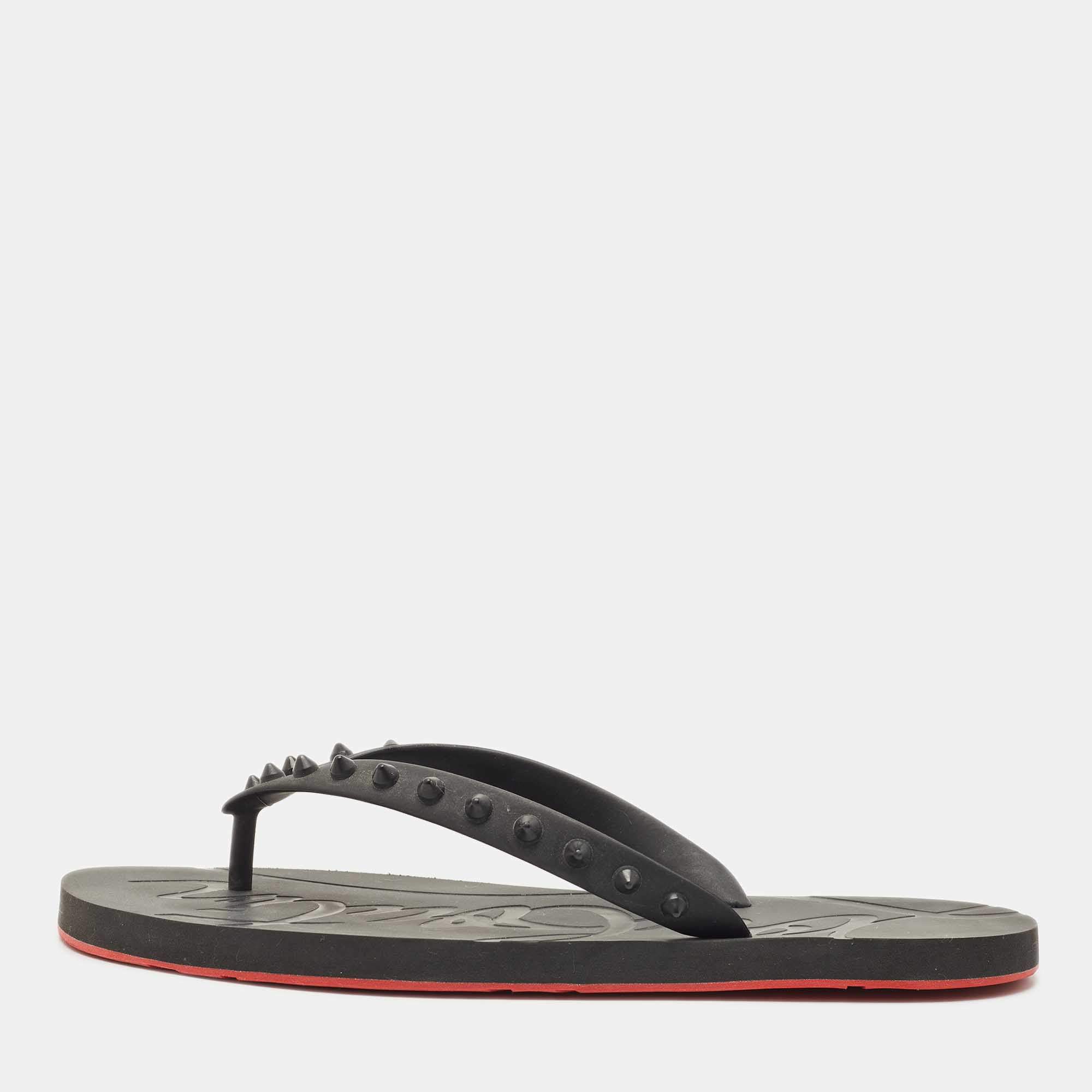 Christian Louboutin Black Rubber Loubi Tonal Spikes Flip Flops Size 41