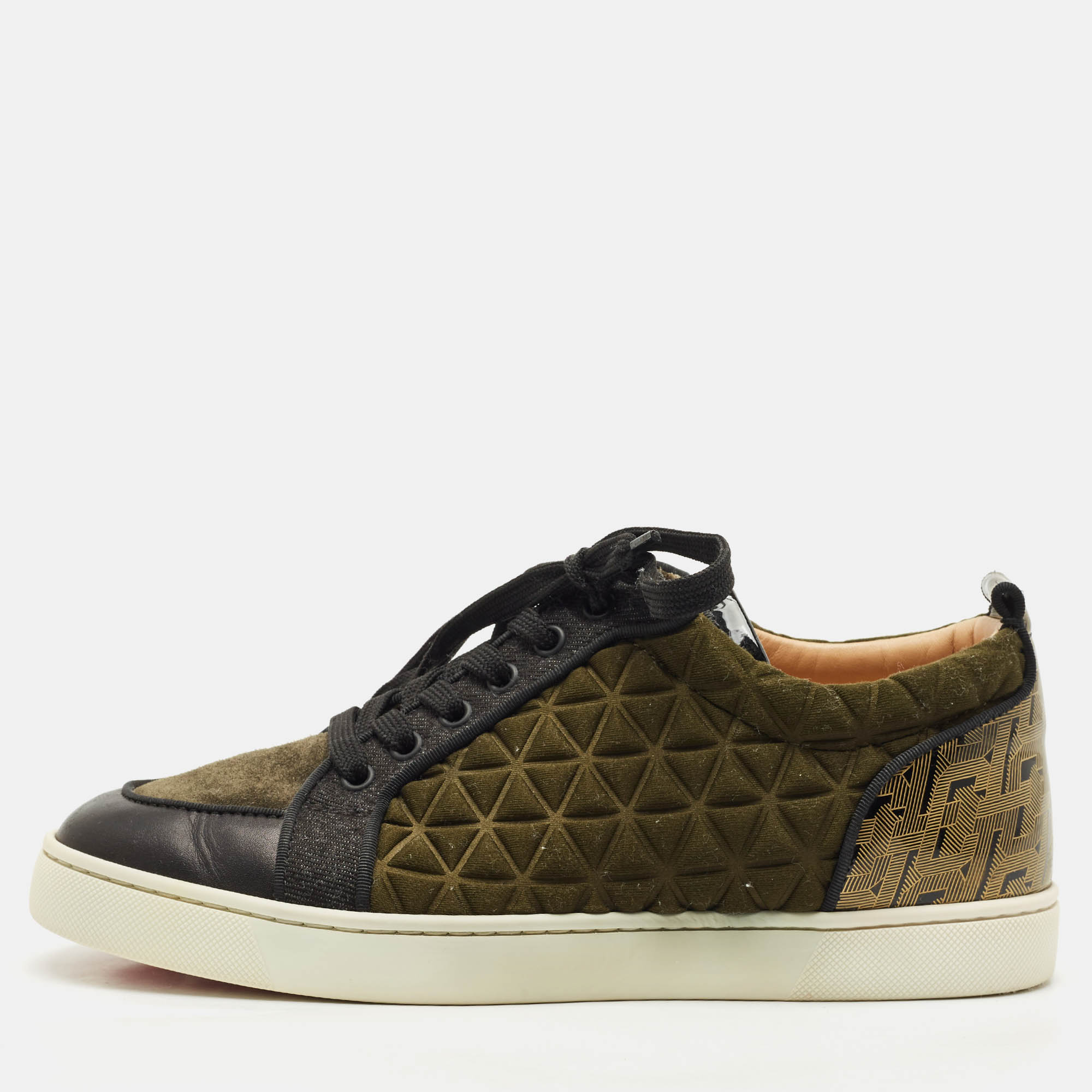 Pre Owned Christian Louboutin Black/Green Leather and  Suede Rantulow Orlato Sneakers  40.5