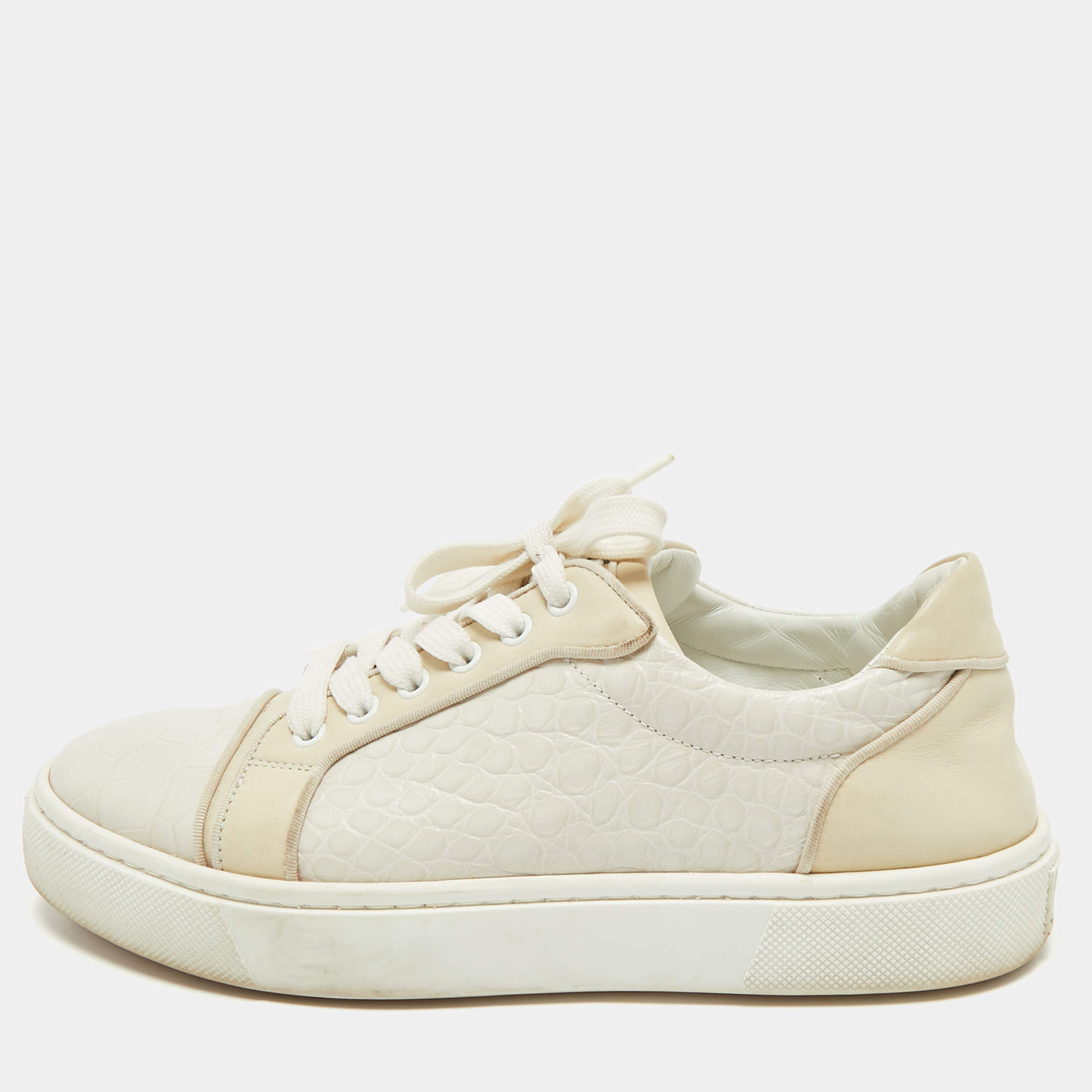 Pre Owned Christian Louboutin White/Cream Croc Embossed Leather Vieirissima Sneakers Size 40