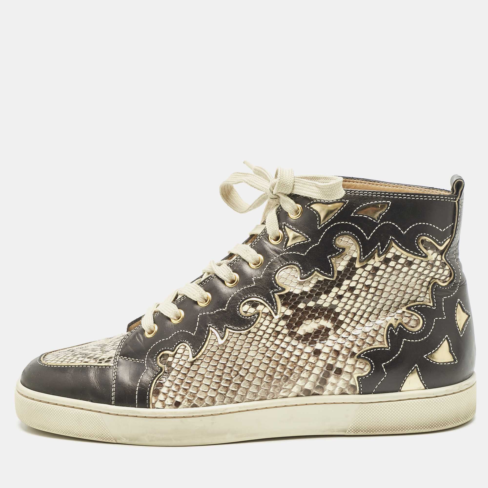 Pre Owned Christian Louboutin Black/Beige Leather And Python Rantus Orlato High Top Sneakers Size 43