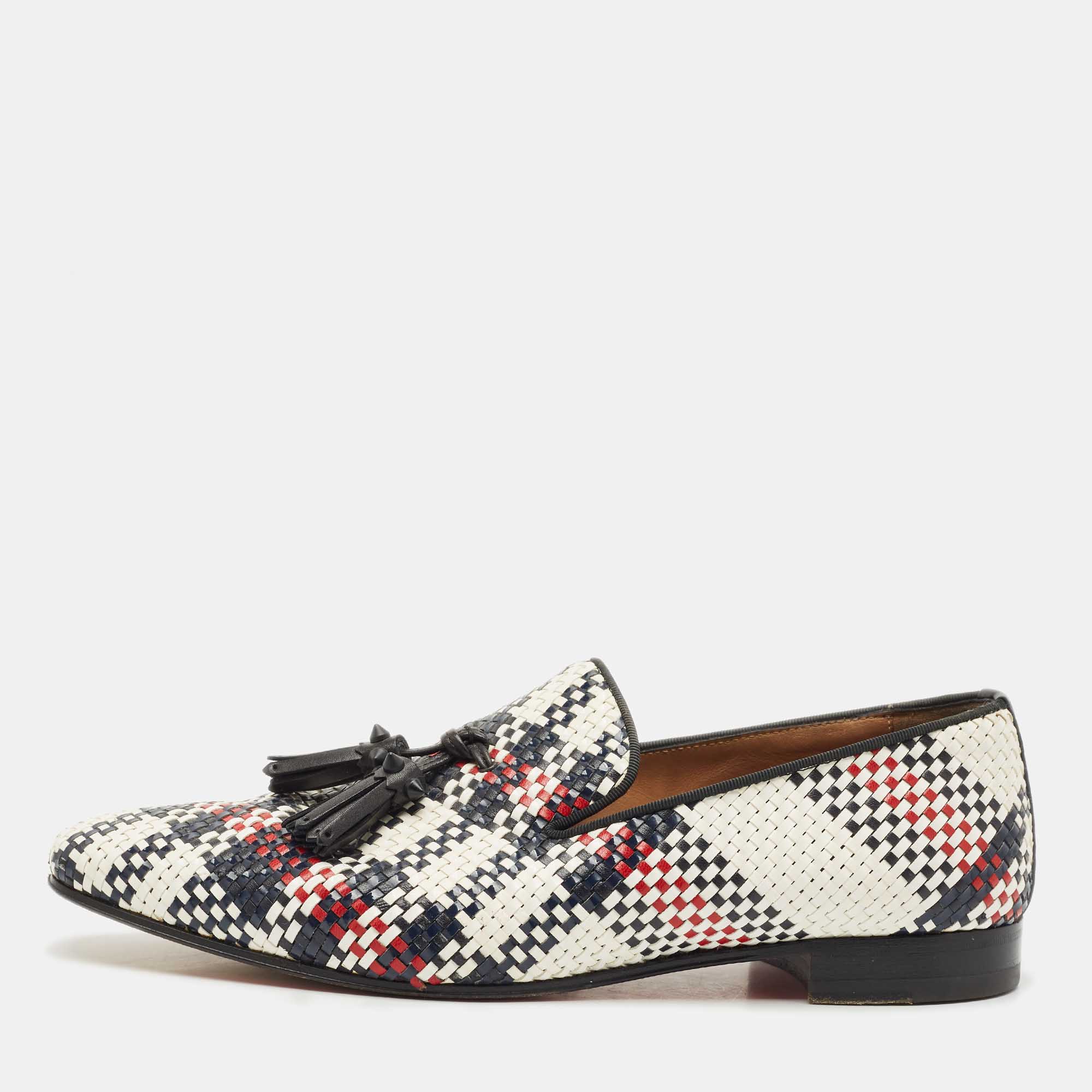 Pre Owned Christian Louboutin Multicolor Woven Leather Dandelion Tassel Slip On Loafers Size 42.5