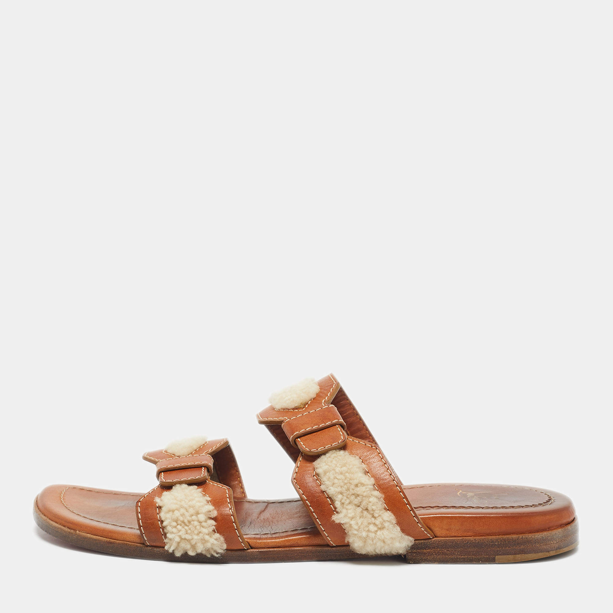 Pre Owned Christian Louboutin Brown Leather and Shearling Double Strap Flat Sandals Size 43