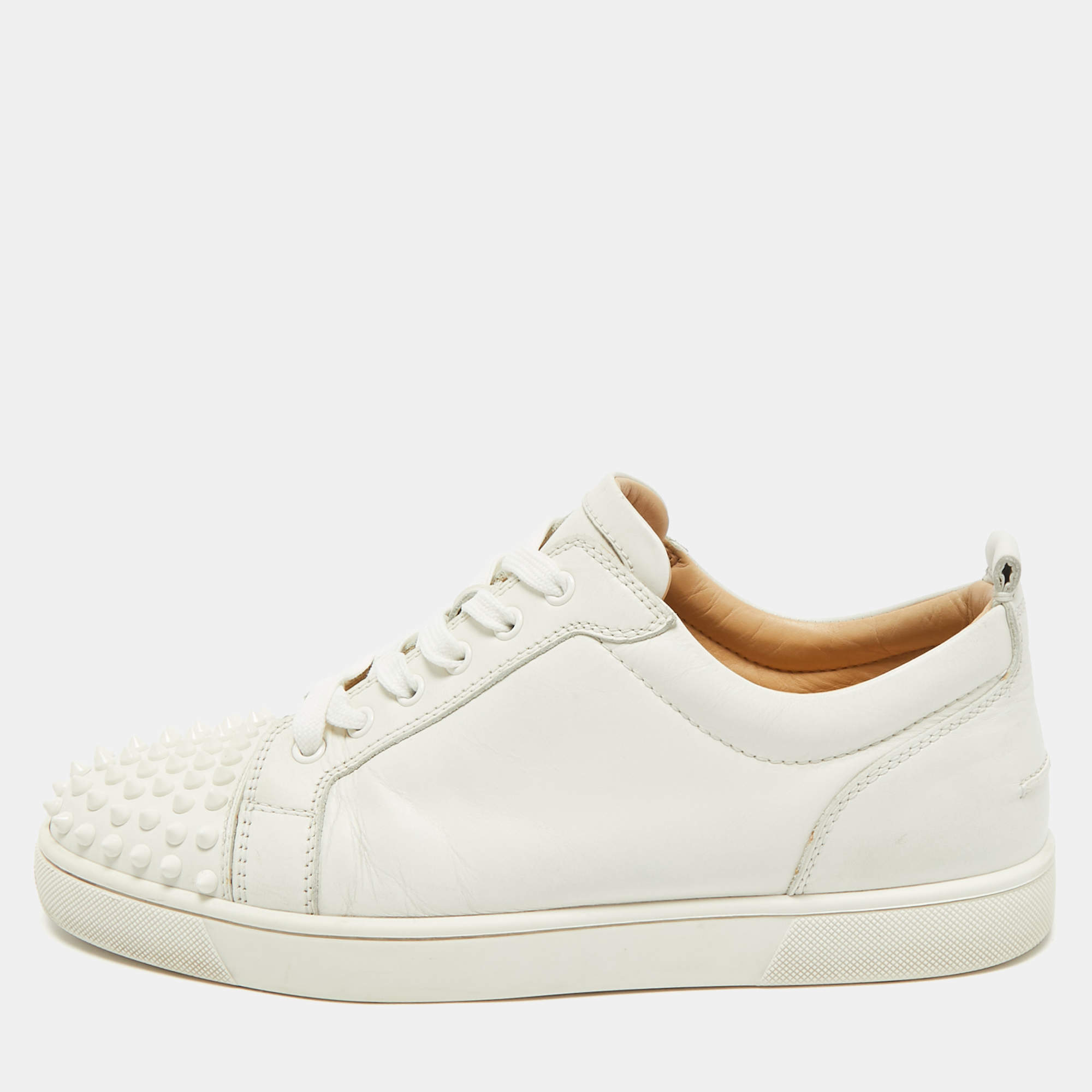 Pre Owned Christian Louboutin White Leather Louis Junior Spikes Low Top Sneakers Size 43.5
