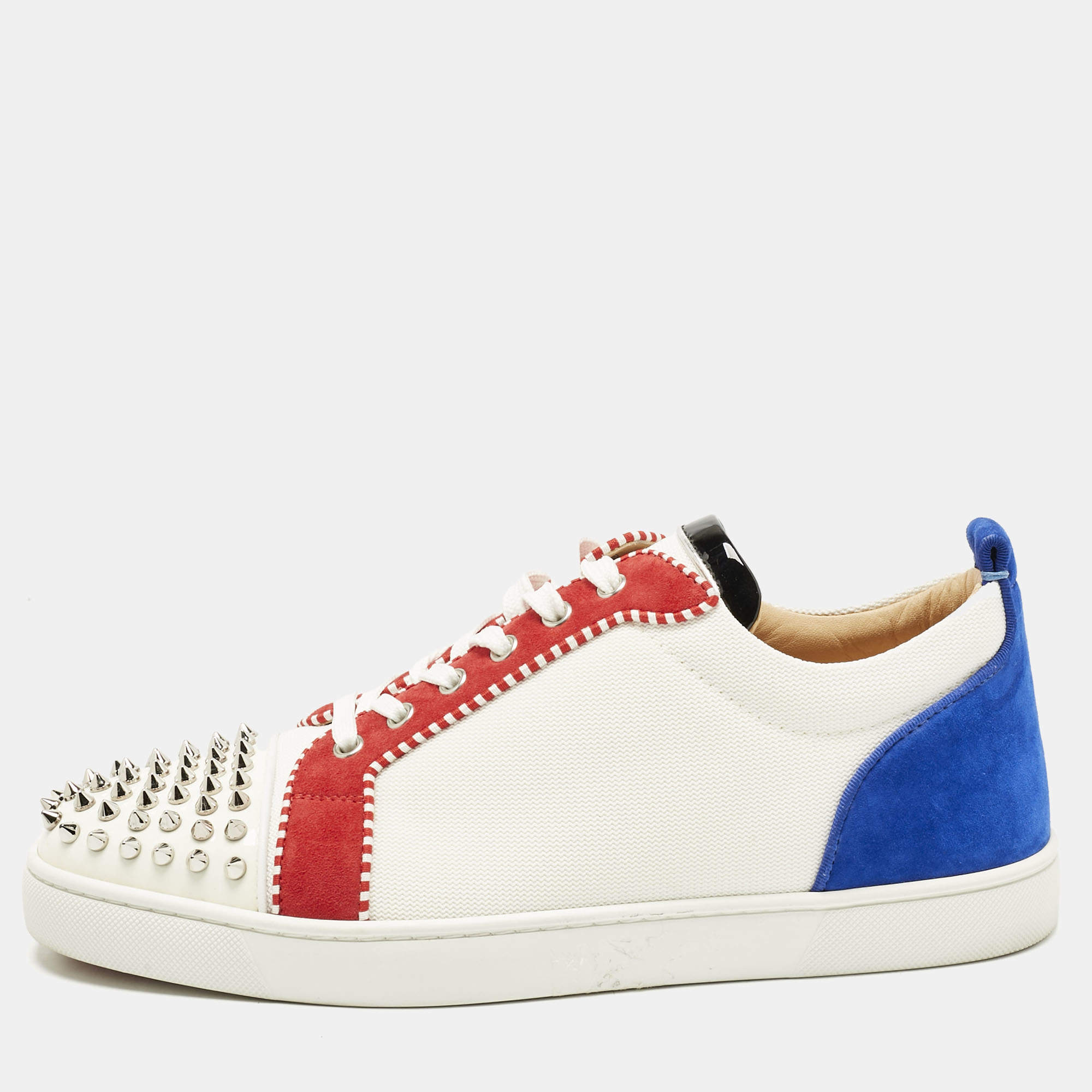 مملوكة مسبقًا Christian Louboutin Multicolor Suede and Canvas Louis Junior Spikes Orlato Sneakers Size 44