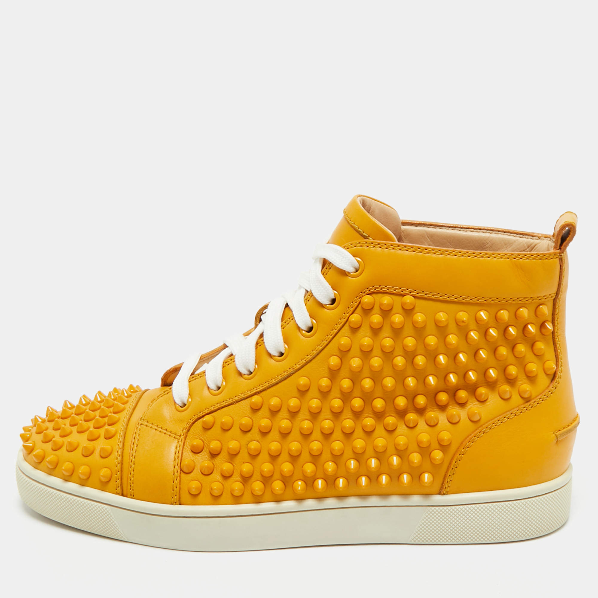 Pre Owned Christian Louboutin Yellow Leather Louis Spikes Lace Up Sneakers Size 40.5