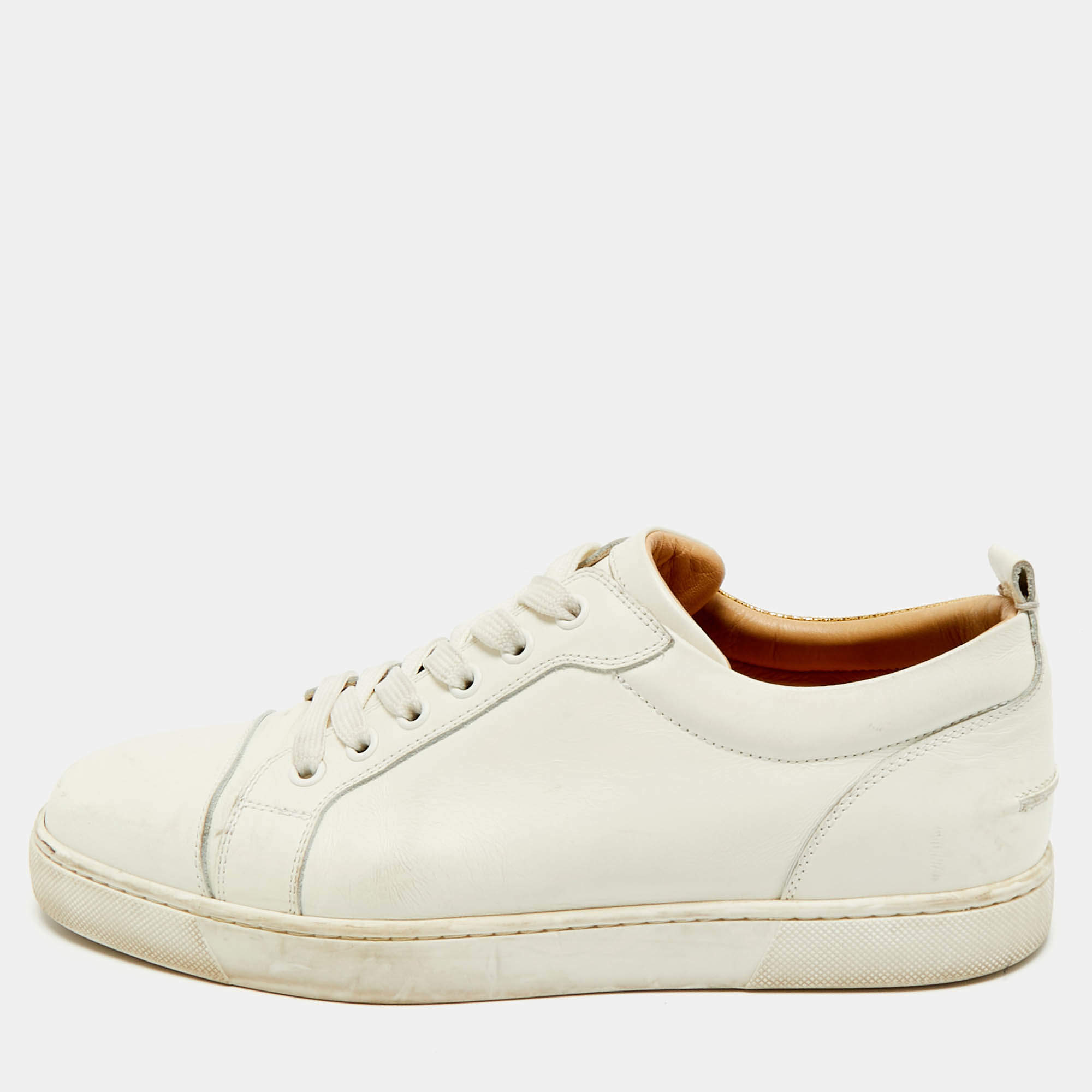 Pre Owned Christian Louboutin White/Gold Leather and Croc Embossed Leather Vieirissima Sneakers Size 40