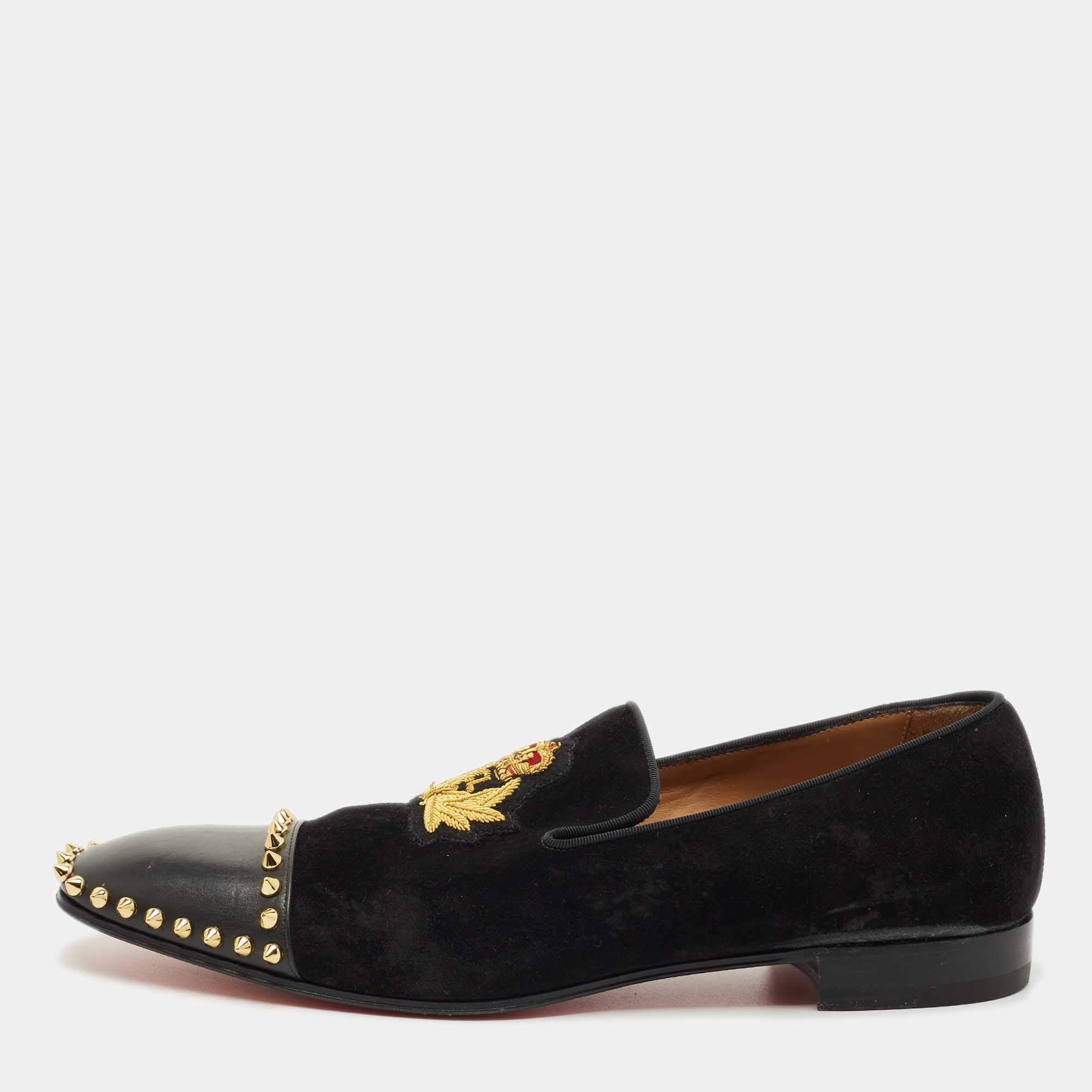 Pre Owned Christian Louboutin Black Leather and Suede Captain Loubi Smoking Slippers Size 42.5
