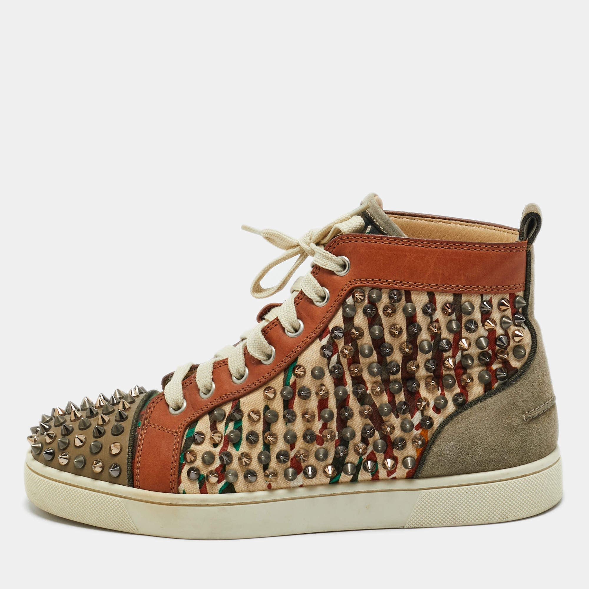 Pre Owned Christian Louboutin Multicolor Canvas and Leather Louis Spikes Lace Up Sneakers Size 39