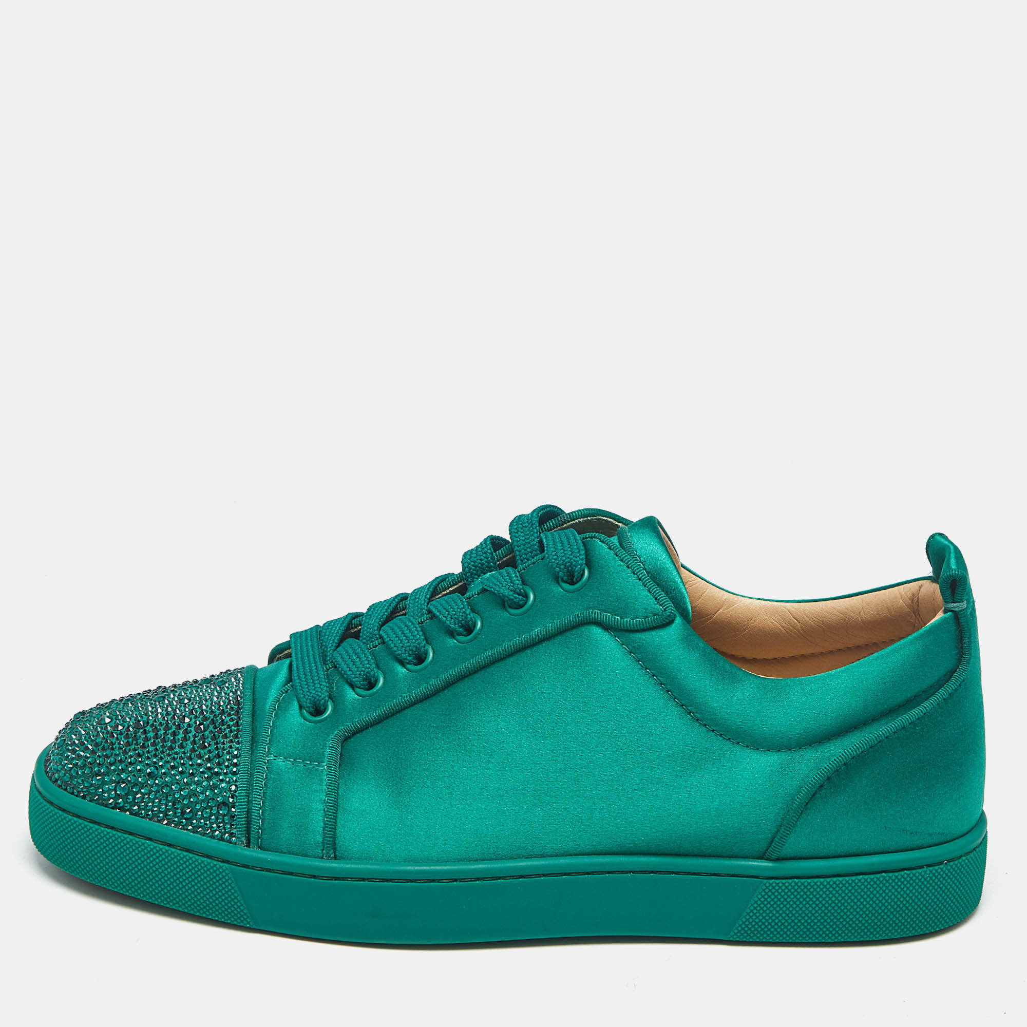 Pre Owned Christian Louboutin Green Satin Louis Orlato Lace Up Sneakers Size 42