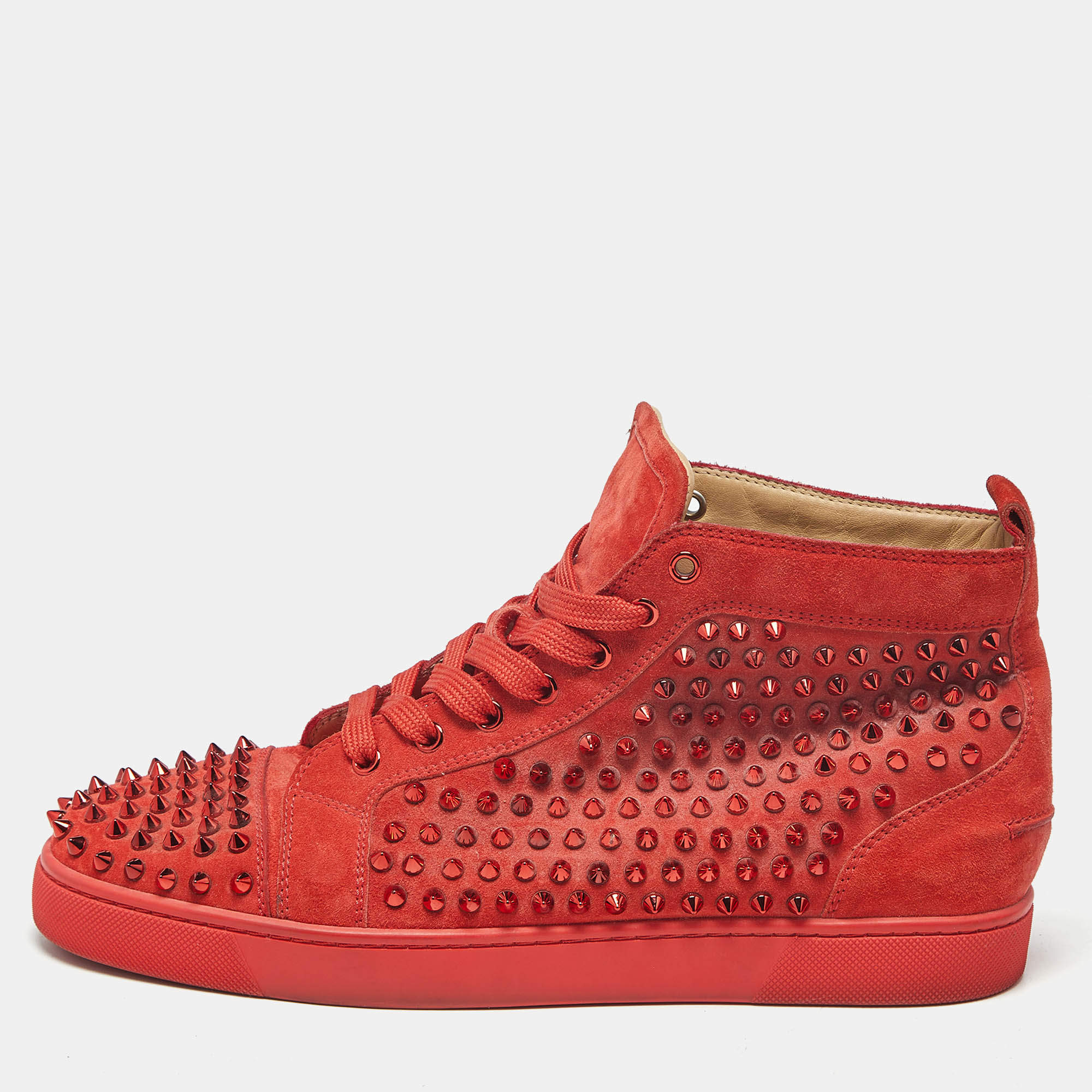 Pre Owned Christian Louboutin Red Suede Louis Spikes High Top Sneakers Size 43