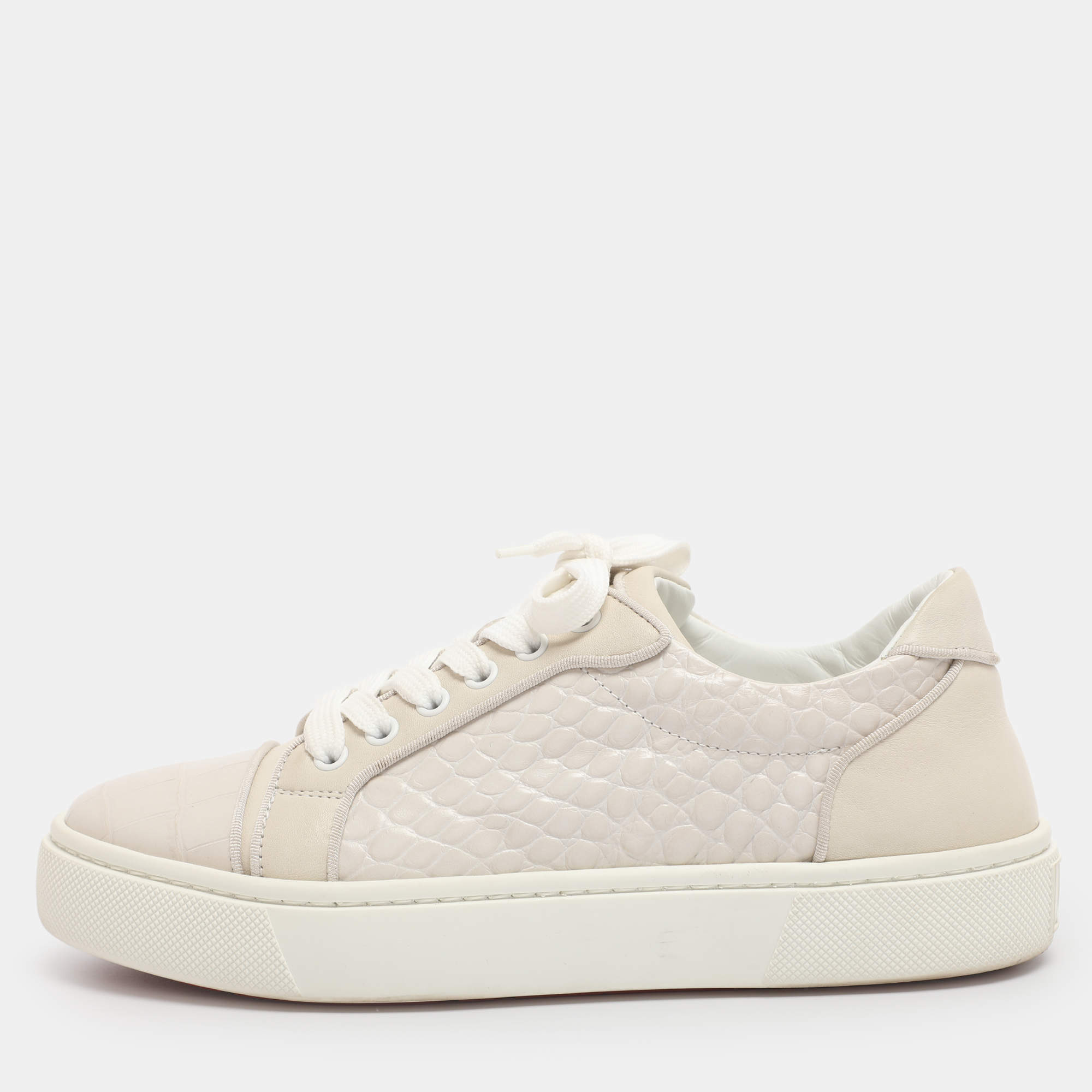 Pre Owned Christian Louboutin White/Cream Croc Embossed Leather Vieirissima Sneakers Size 39