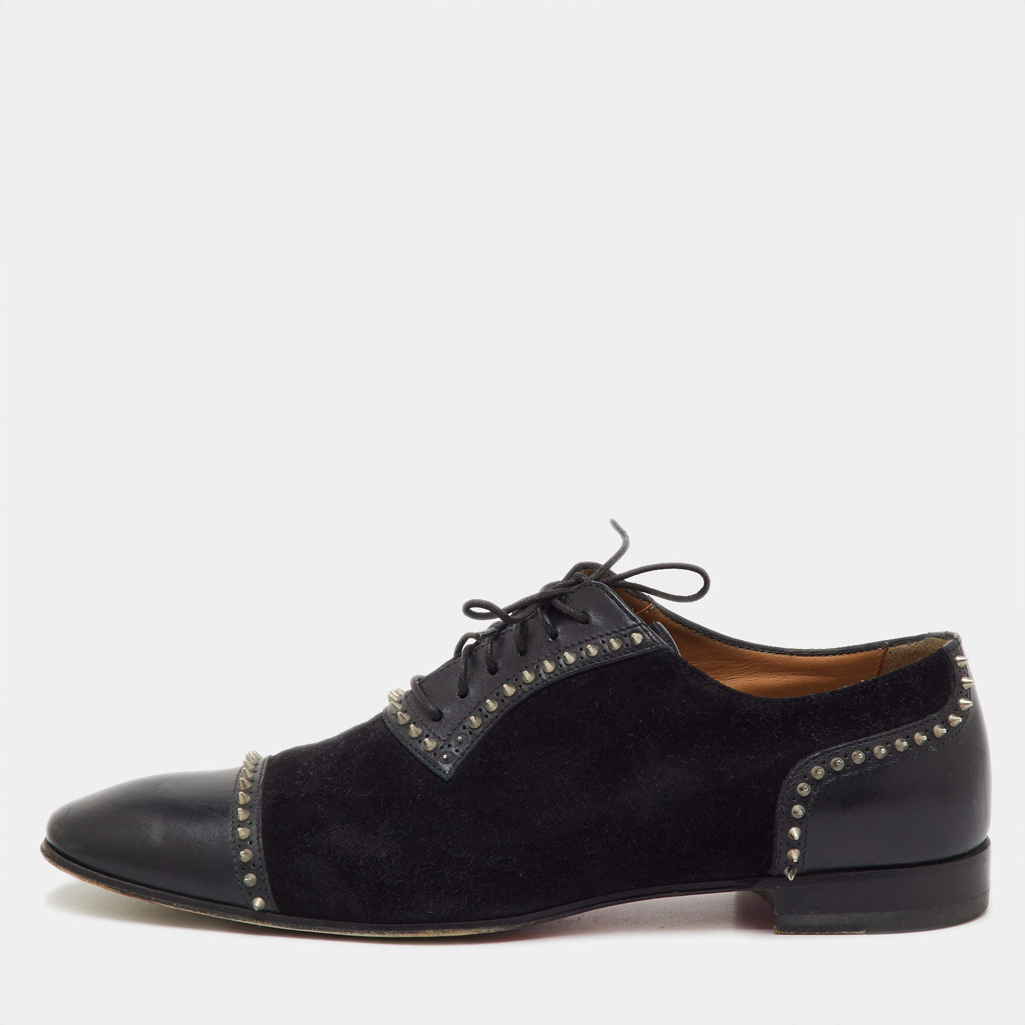 Pre Owned Christian Louboutin Black Suede and Leather Spiked Mr Blake Lace Up Oxfords Size 41.5