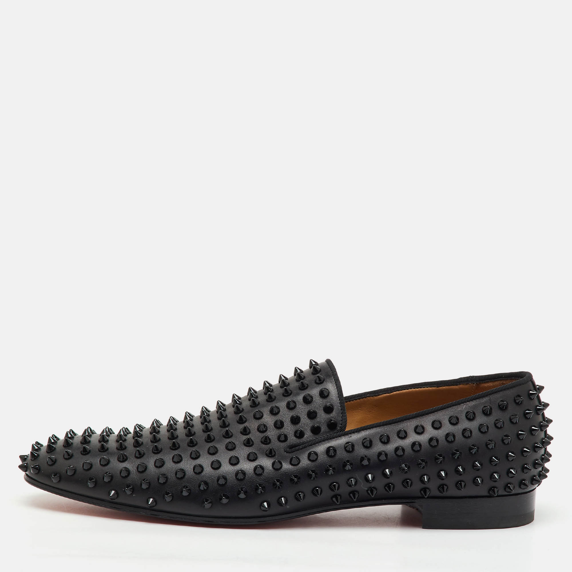 Pre Owned Christian Louboutin Black Leather Dandelion Spikes Smoking Slippers Size 46