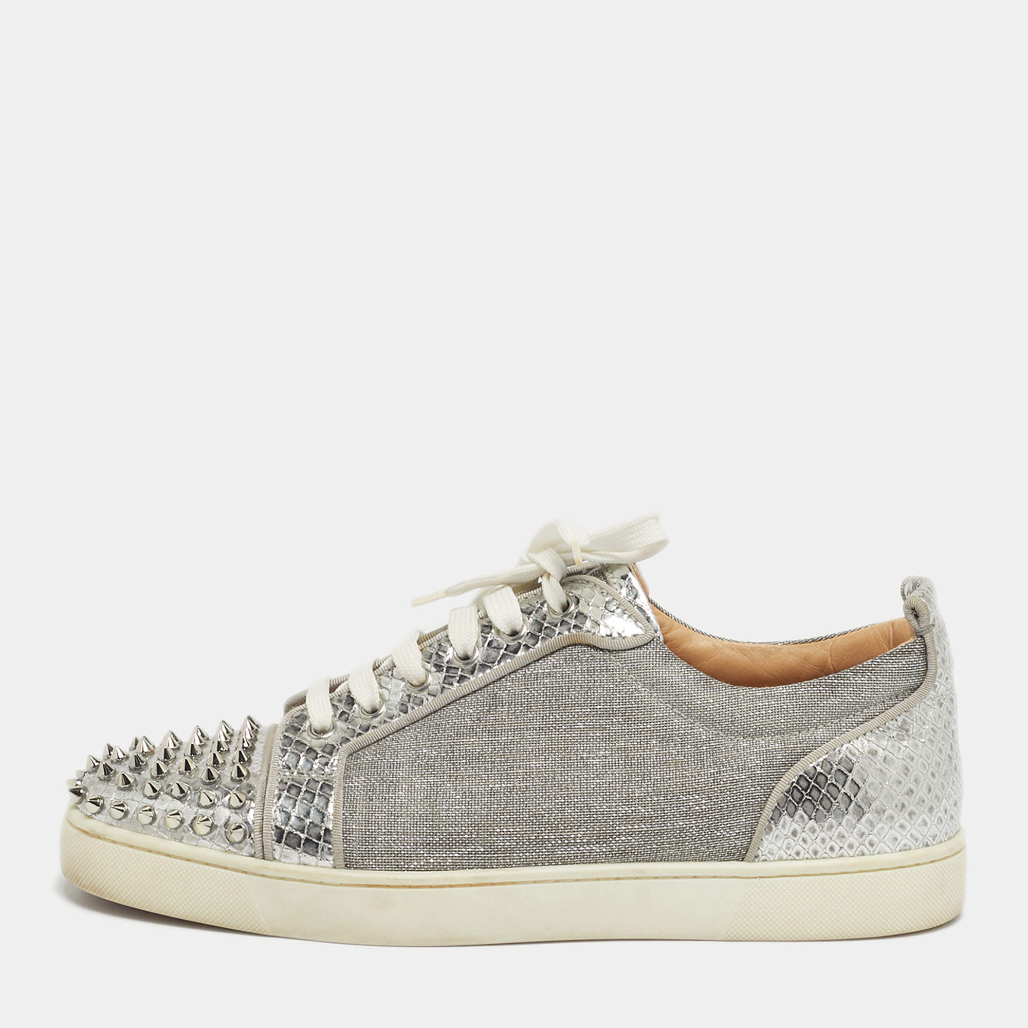 Pre Owned Christian Louboutin Silver Lurex Fabric and Python Embossed Vierissima Spike Low Top Sneakers Size 43