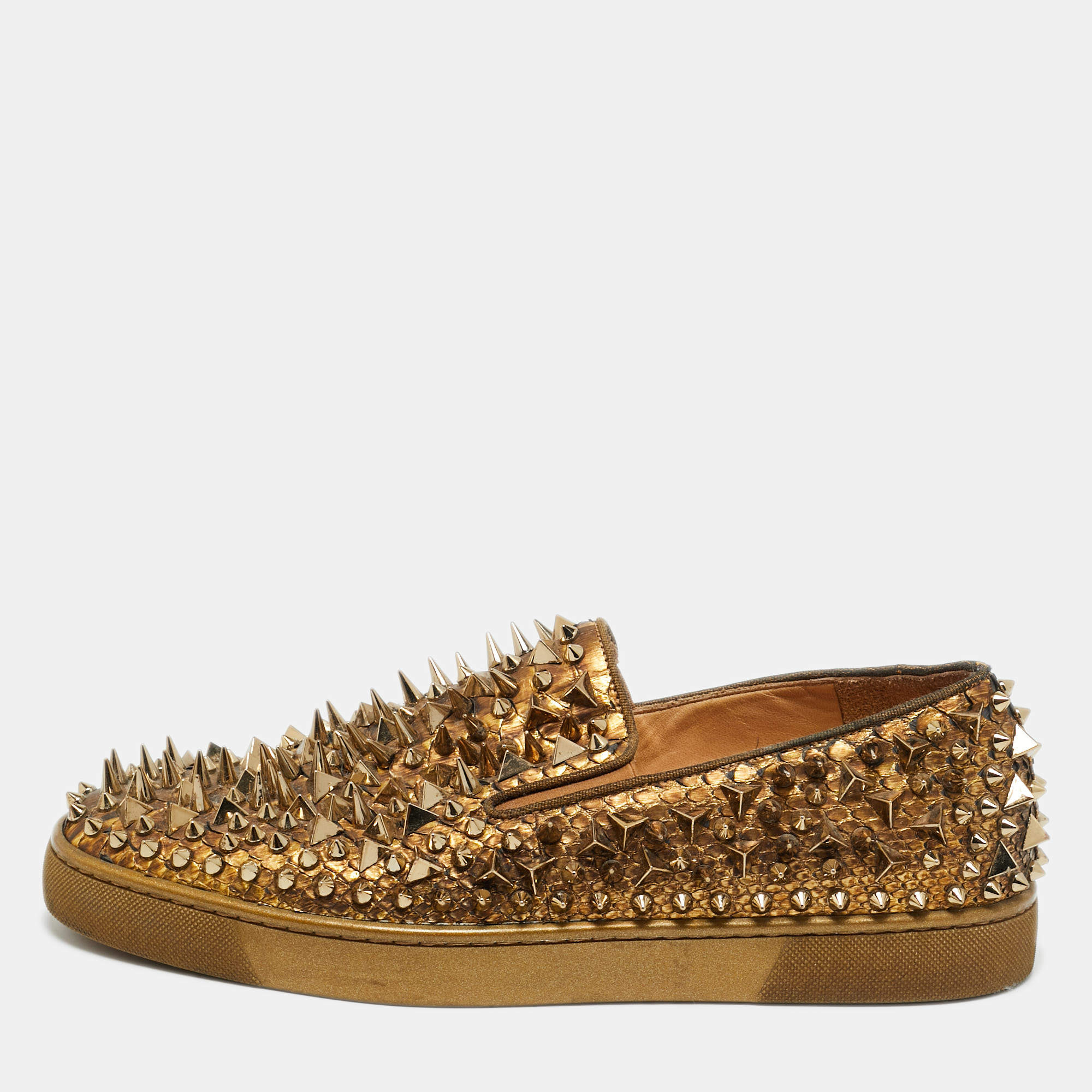 Pre Owned Christian Louboutin Gold Python Leather Roller Boat Slip On Sneakers Size 43.5