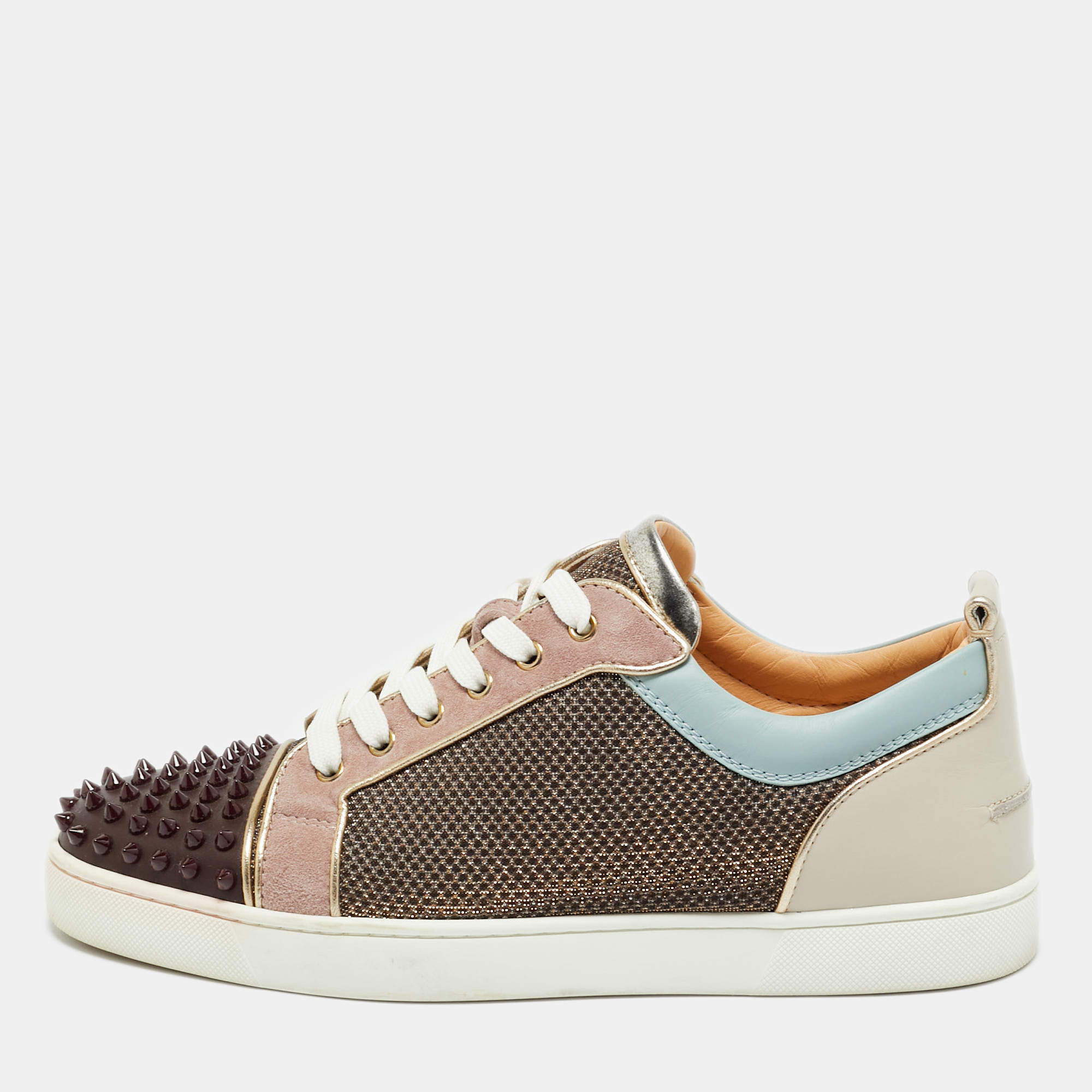 Pre Owned Christian Louboutin Multicolor Leather and Lurex Fabric Louis Junior Spikes Lace Up Sneakers Size 43.5