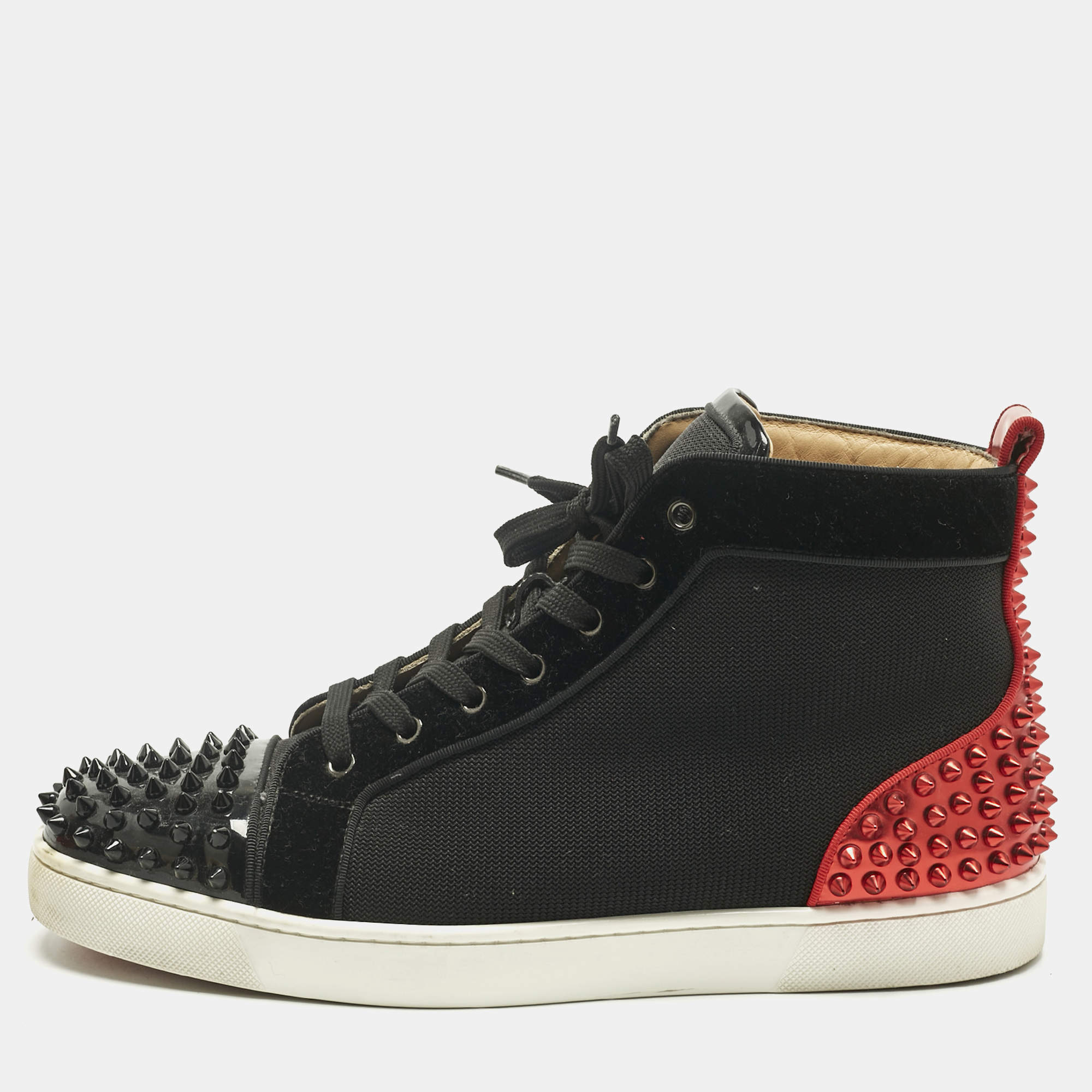 Pre Owned Christian Louboutin Black/Red Mesh and Patent Leather Louis Spikes High Top Sneakers Size 44