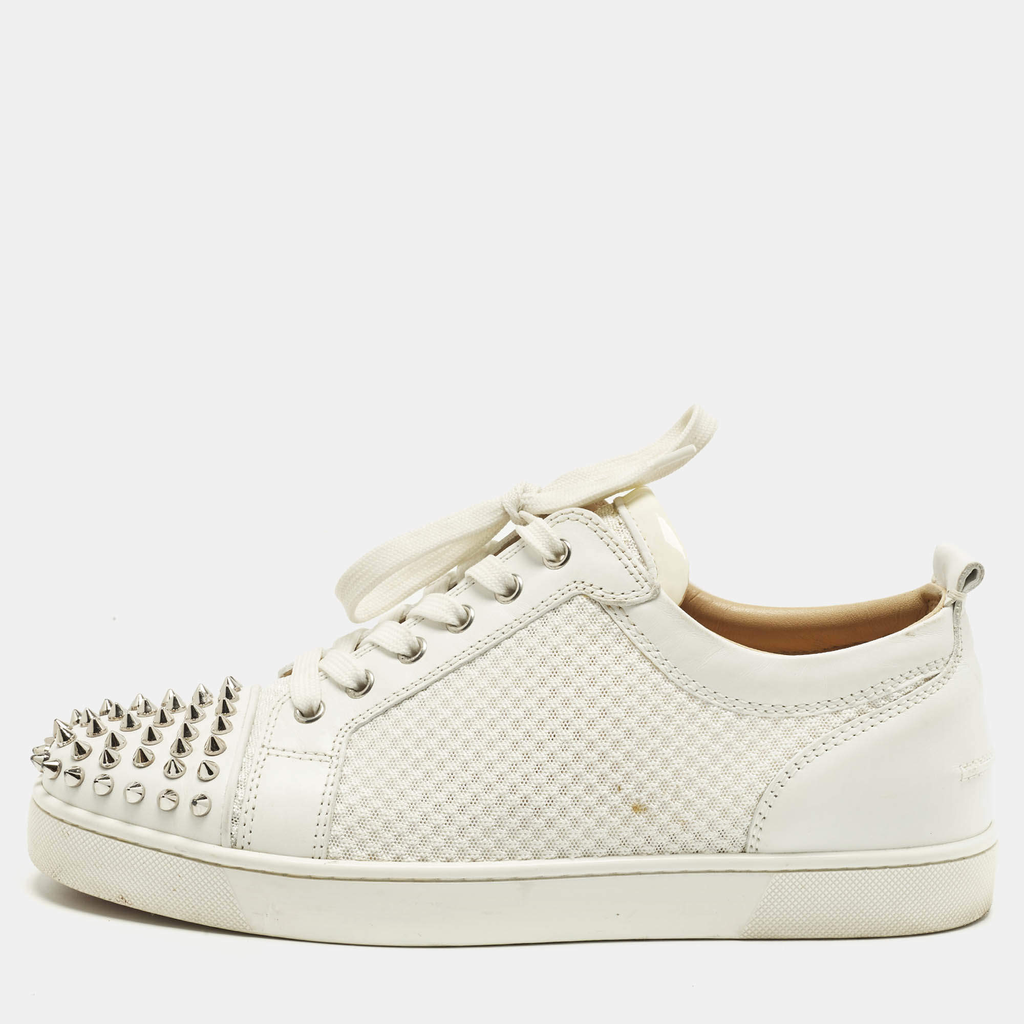 Pre Owned Christian Louboutin White Leather and Mesh Louis Spikes Lace Up Sneakers Size 43