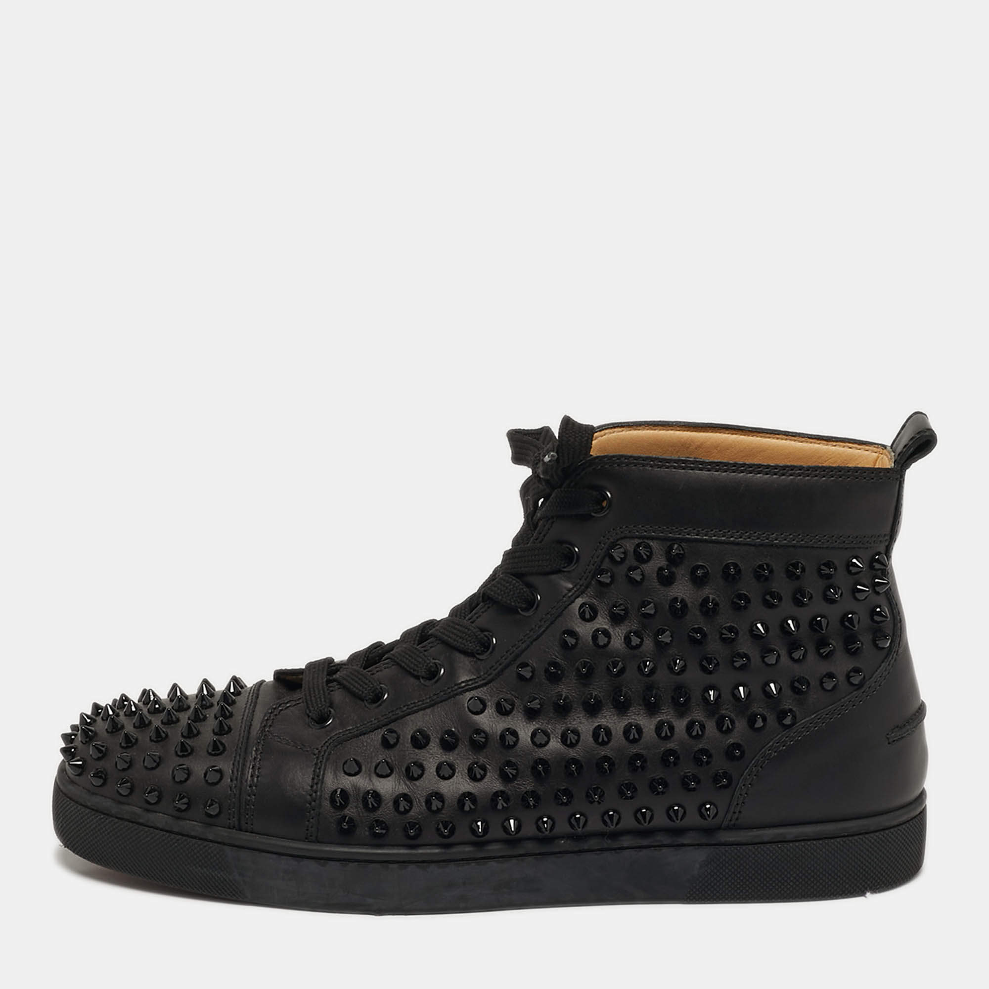 Pre Owned Christian Louboutin Louis Spikes Size 42.5 Black Leather High Top Sneakers