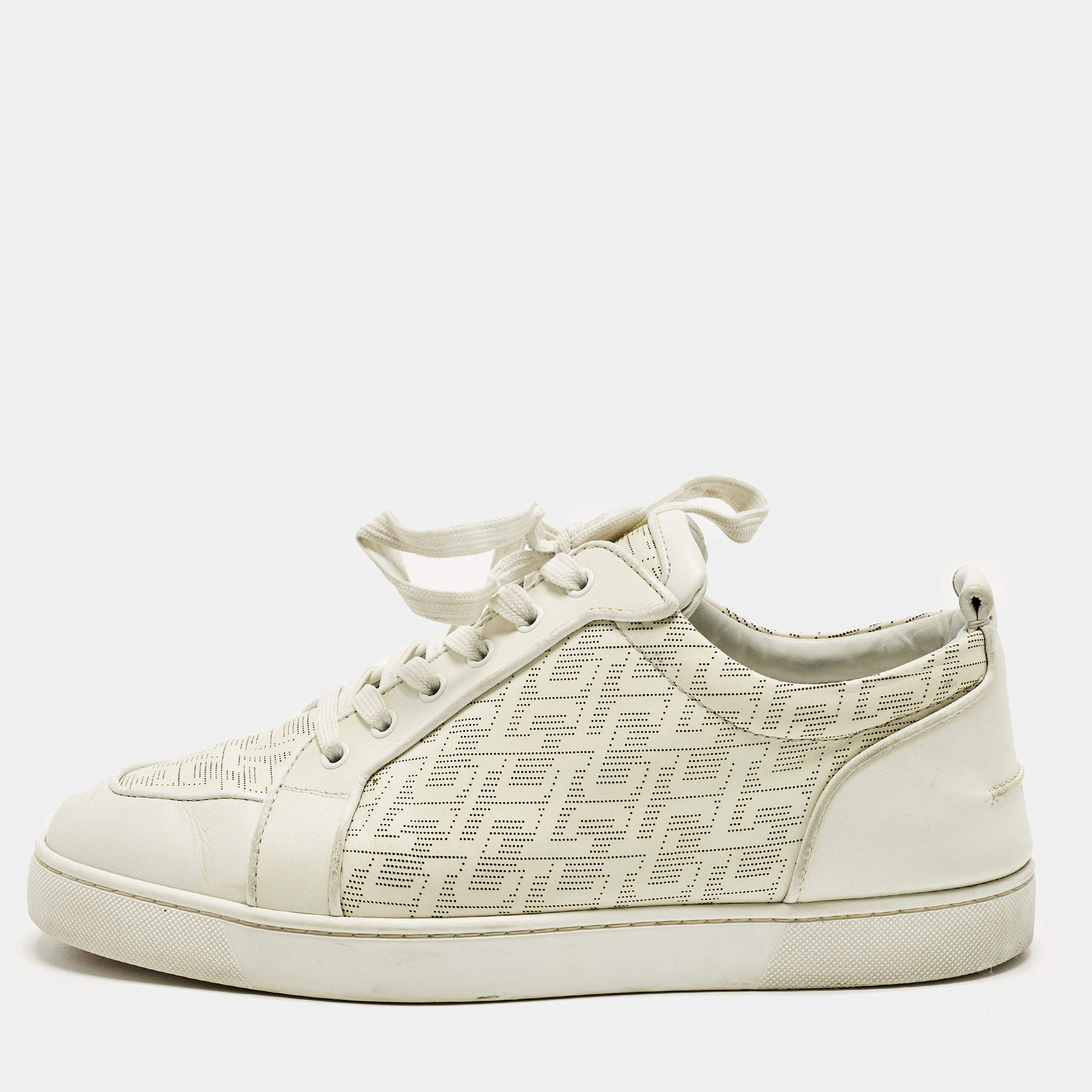 Pre Owned Christian Louboutin Louis Junior Size 45 White Perforated Leather Lace Up Sneakers