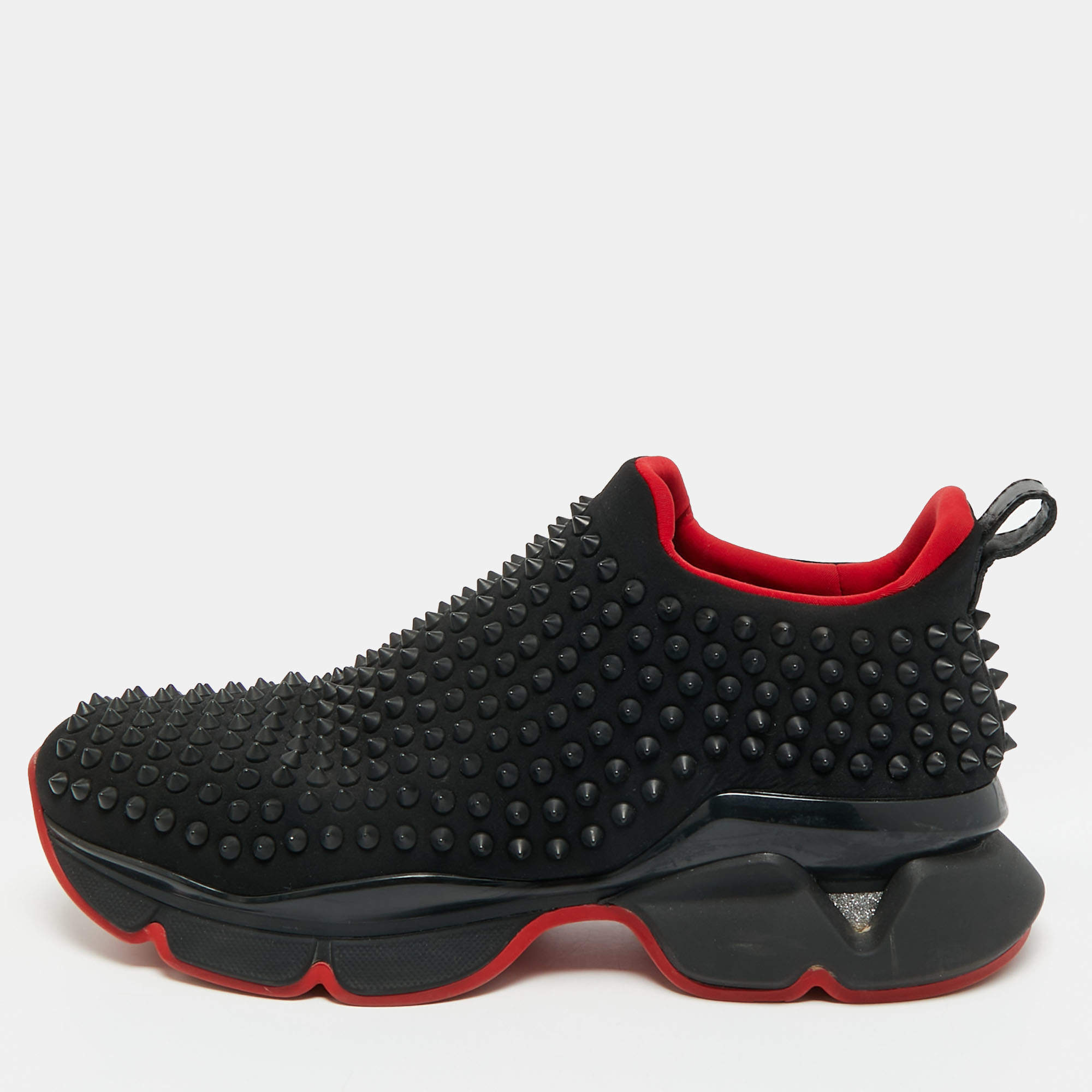 مملوكة مسبقًا Christian Louboutin Spike Size 41.5 Black Neoprene Sock Slip On Sneakers