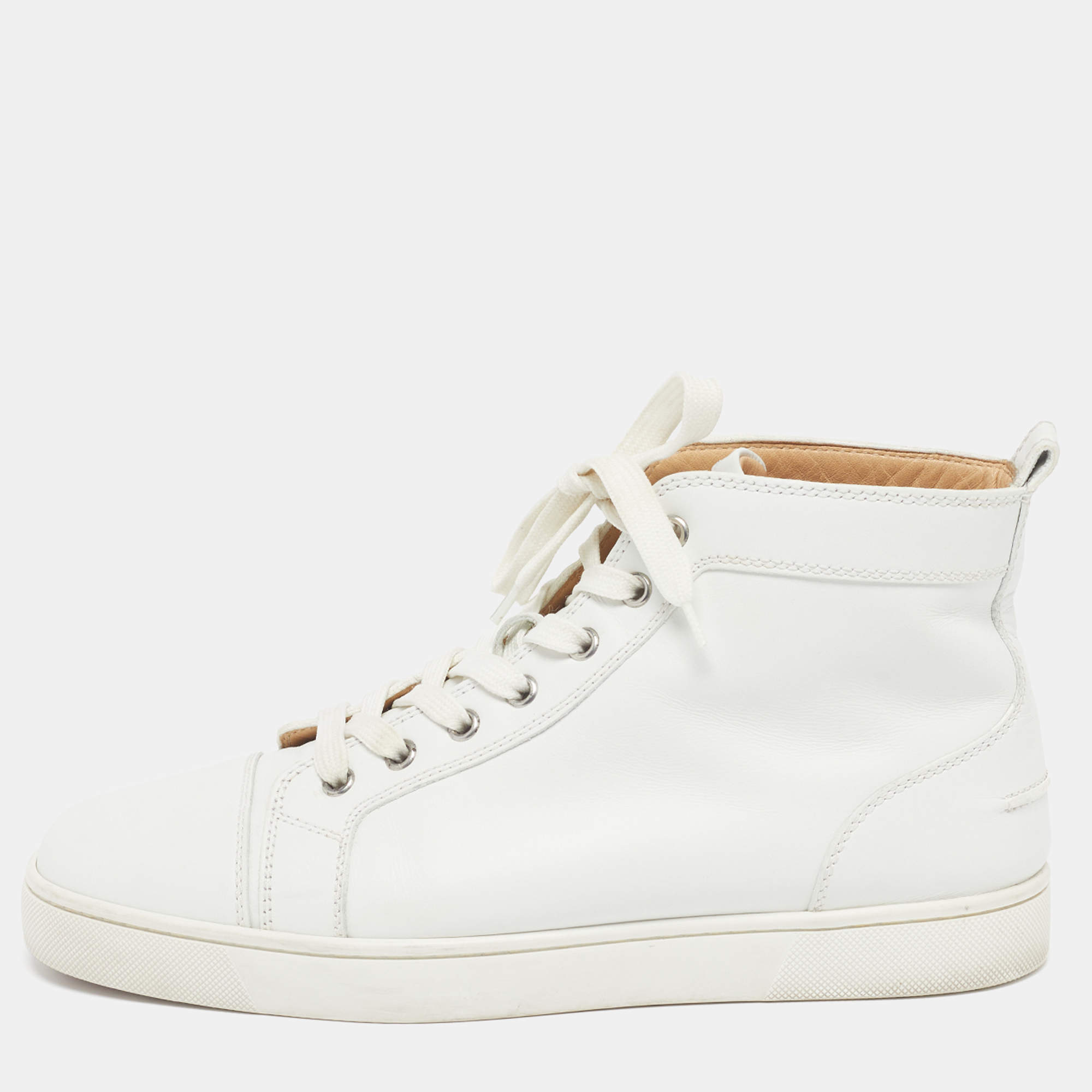 مملوكة مسبقًا حذاء رياضي كريستيان لوبوتان لويس جلد أبيض مرصع بعنق مرتفع مقاس 43.5