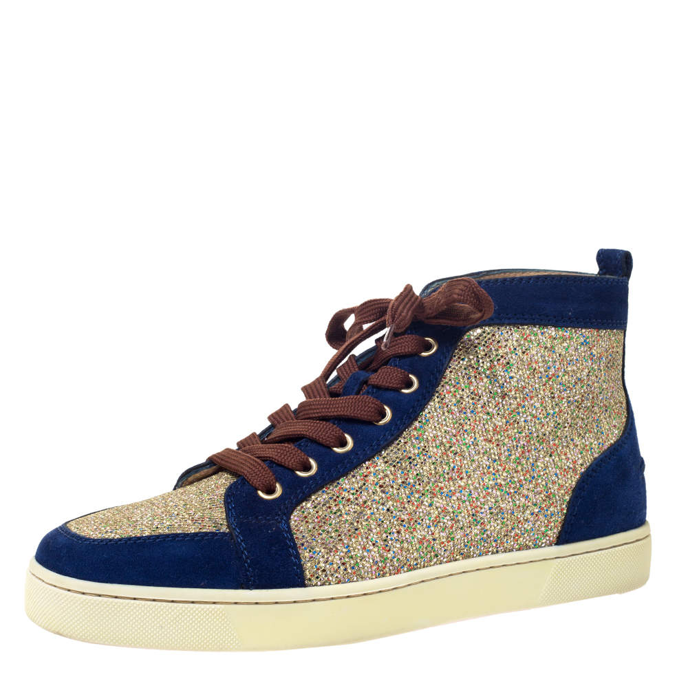 Christian Louboutin Blue/Gold Suede And Glitter Orlato High Top Sneakers Size 40