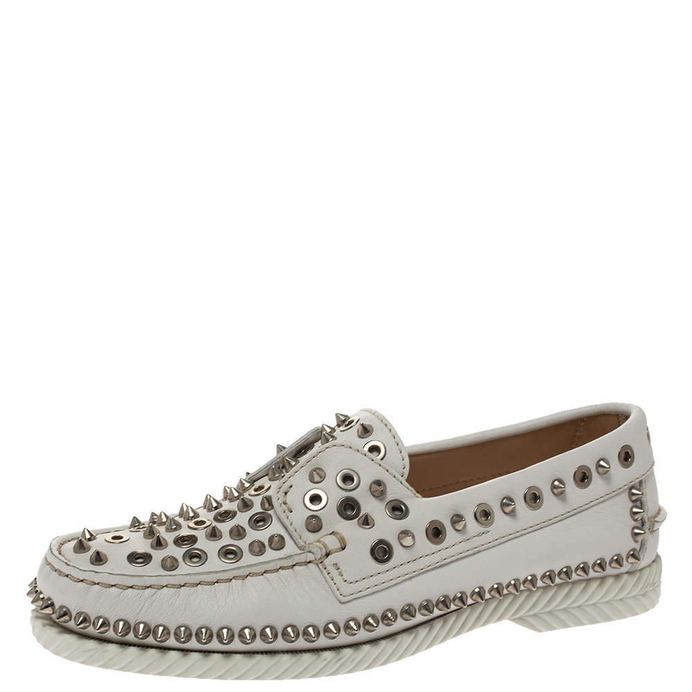 Christian Louboutin White Leather Studded Boat Deck Derby Size 40