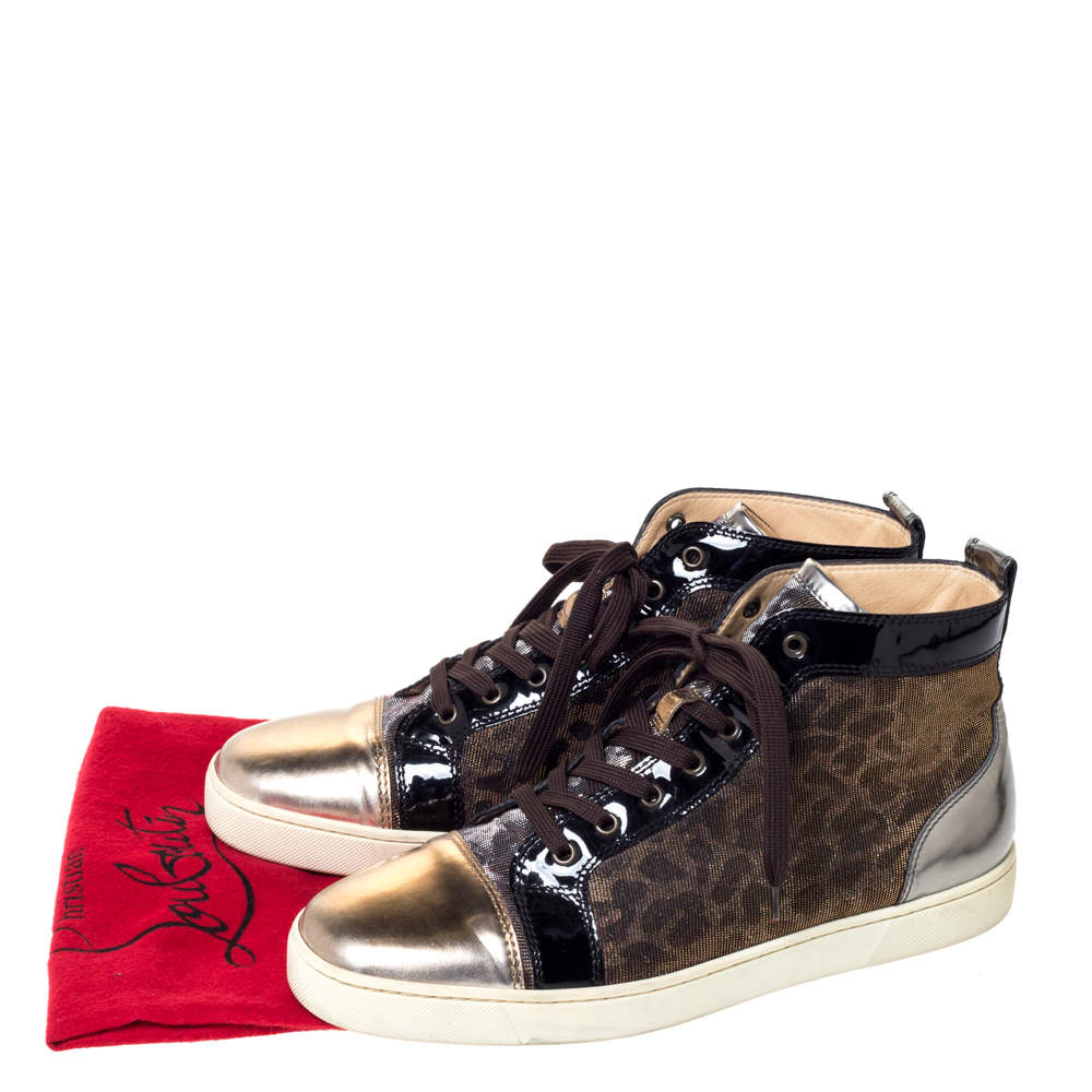 Christian Louboutin Metallic Bronze Leather and Leopard Lame Fabric Louis High  Top Sneakers Size 45 Christian Louboutin