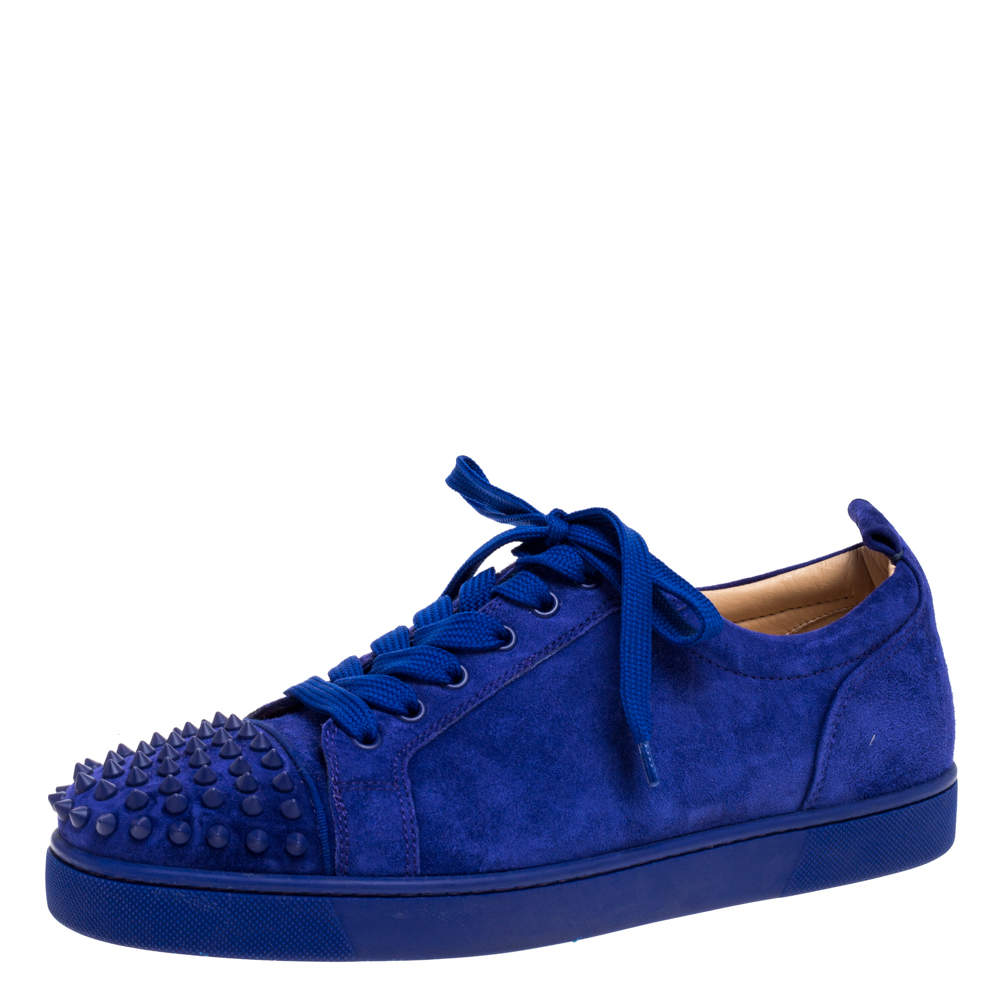 Christian Louboutin Louis Junior Spikes Flat Blue Calf & Suede Trainers 44 / Blue