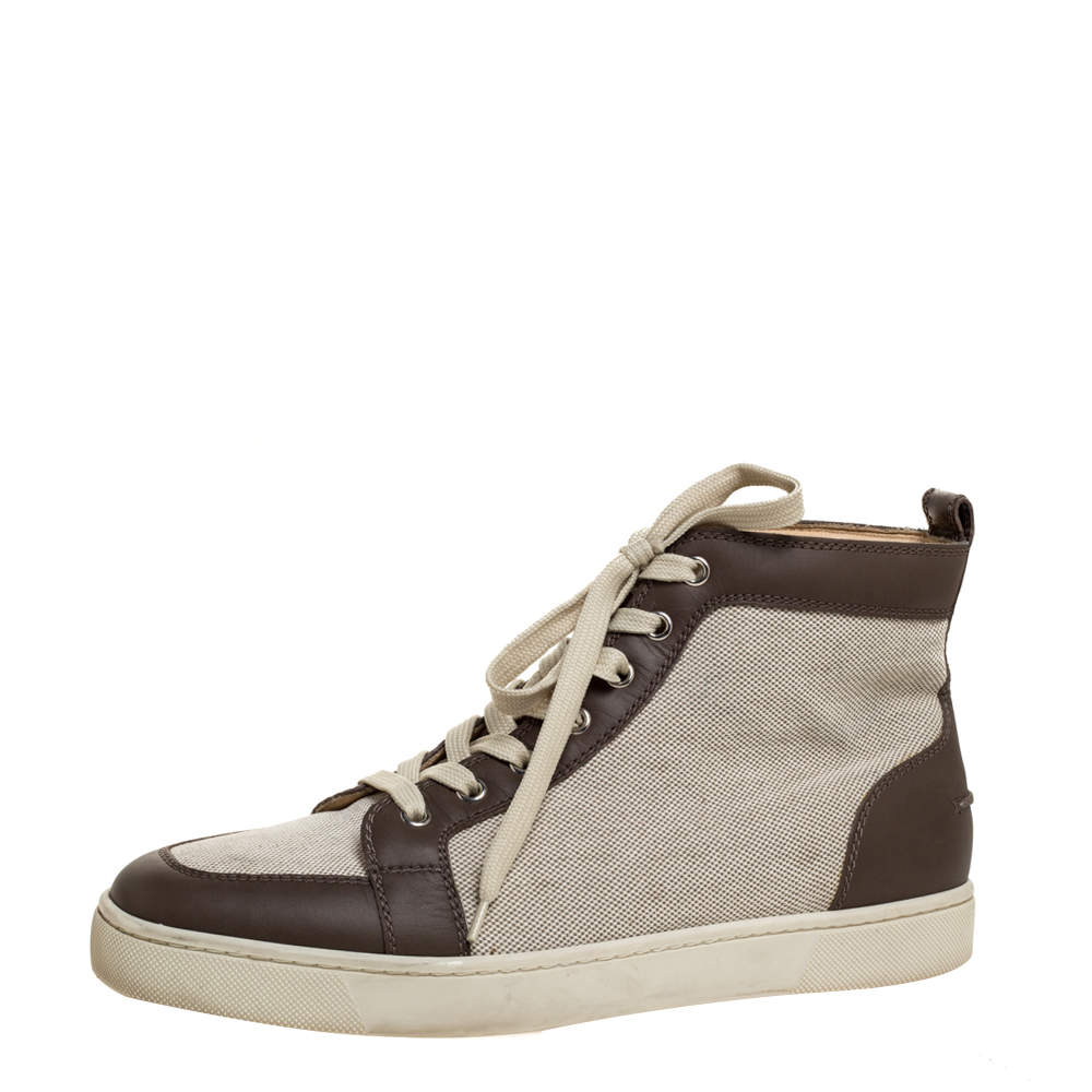Pre Owned Christian Louboutin Grey/White Leather And Canvas Rantus Orlato High Top Sneakers Size 41.5