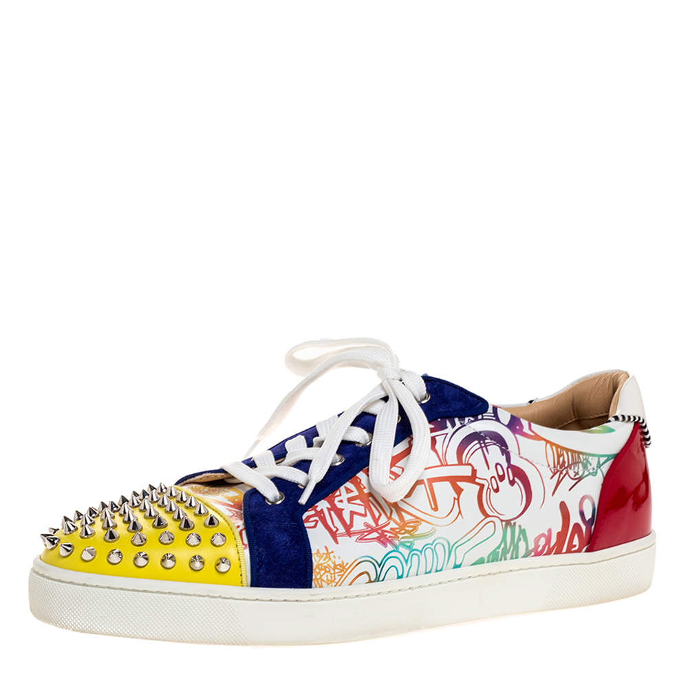 Christian Louboutin Multicolor Graffiti Leather And Suede Spike Seavaste Sneakers Size 46