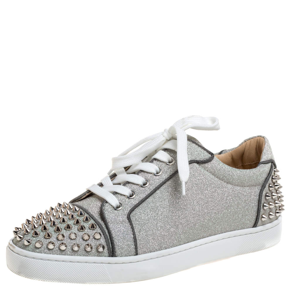 Christian Louboutin Metallic Silver Leather Vierissima Spikes Low Top Sneakers Size 39.5