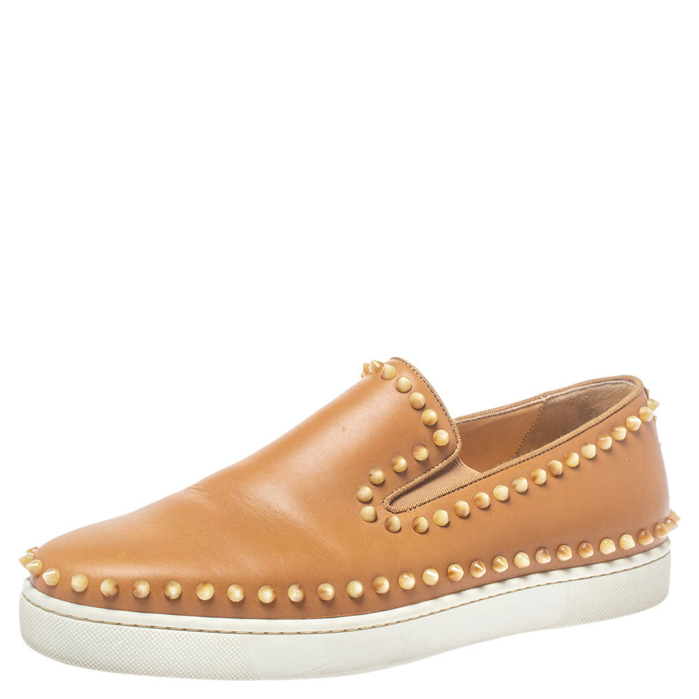 Pre Owned Christian Louboutin Brown Leather Spike Boat Slip On Sneaker Size 43