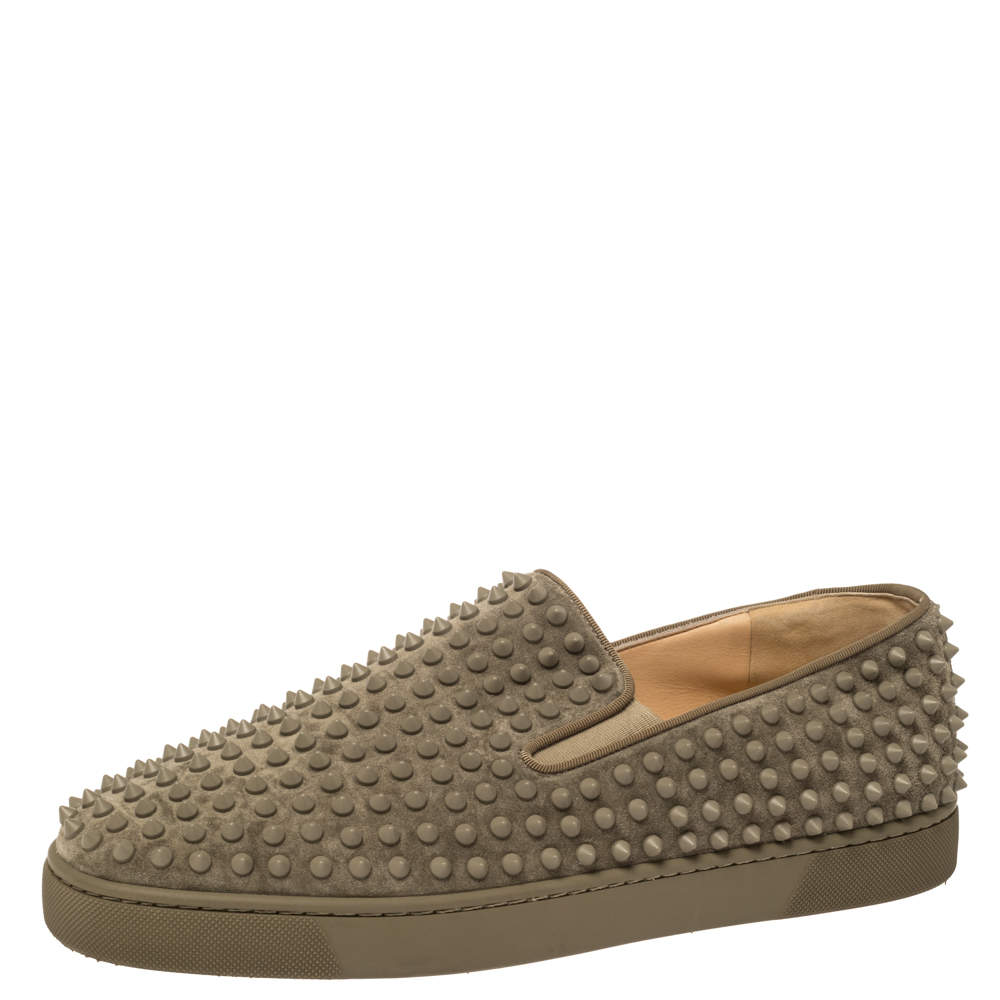 Pre Owned Christian Louboutin Khaki Green Suede Roller Boat Spiked Slip On Sneakers Size 45