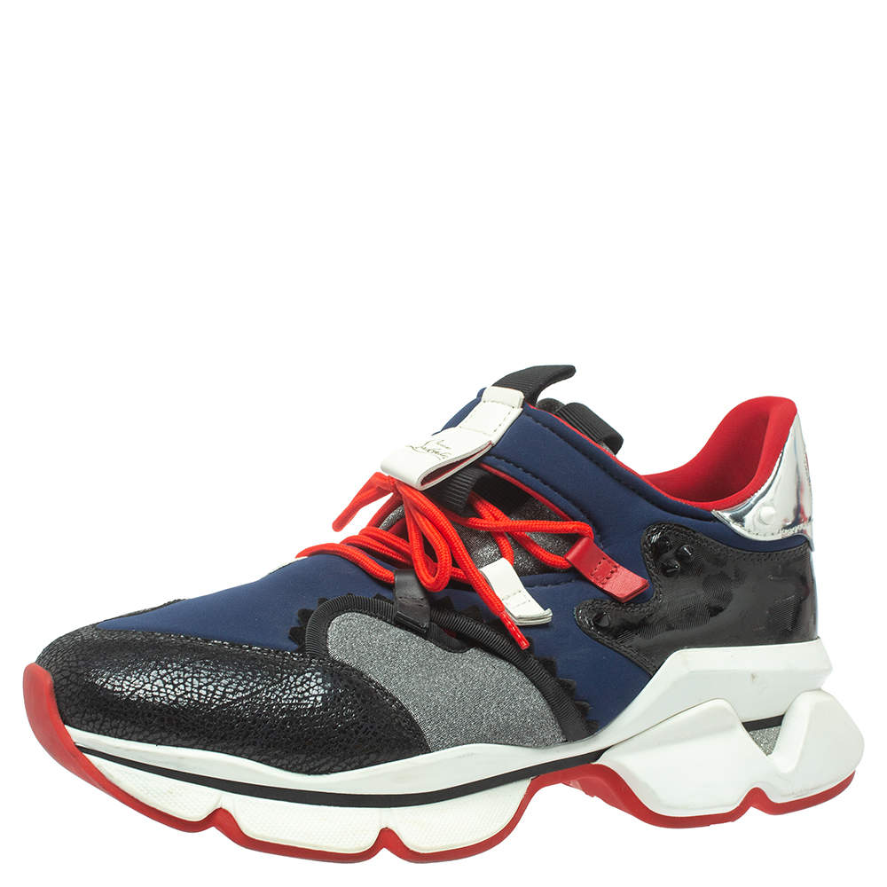 Pre Owned Christian Louboutin Neoprene And Leather Red-Runner Sneakers Size 45.5