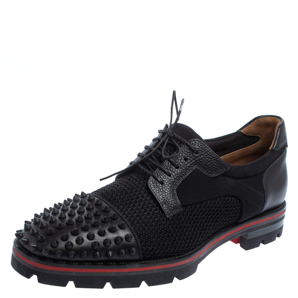 Christian Louboutin Black Fabric And Leather Luis Spikes Cap Toe Derby Size 42
