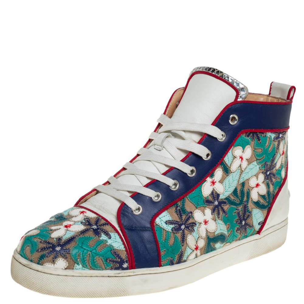 Pre Owned Christian Louboutin Multicolor Embroidered Suede and Leather Louis Patch High Top Sneakers Size 45
