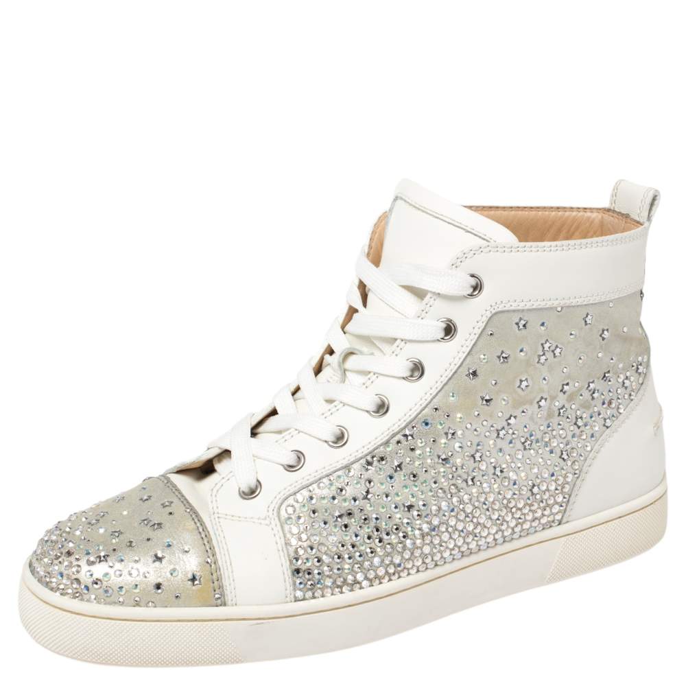 Pre Owned Christian Louboutin Silver/White Leather Rantus Crystal Embellished High Top Sneakers Size 41