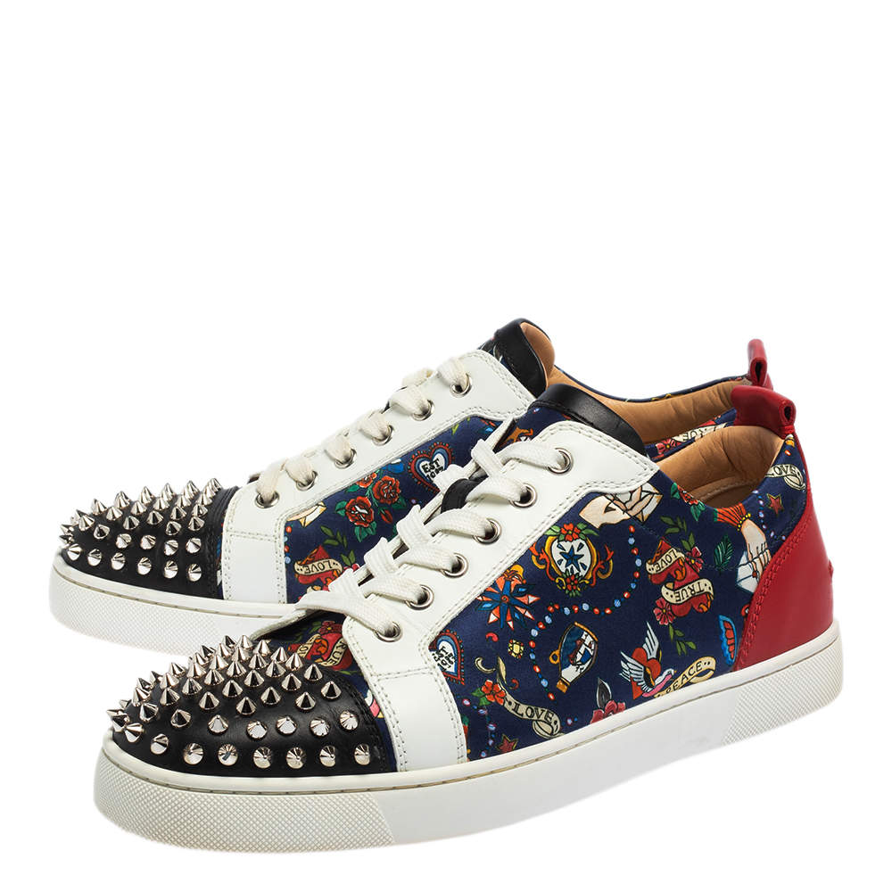 Christian Louboutin Multicolor Satin and Leather Louis Junior Spikes  Sneakers Size 38 Christian Louboutin