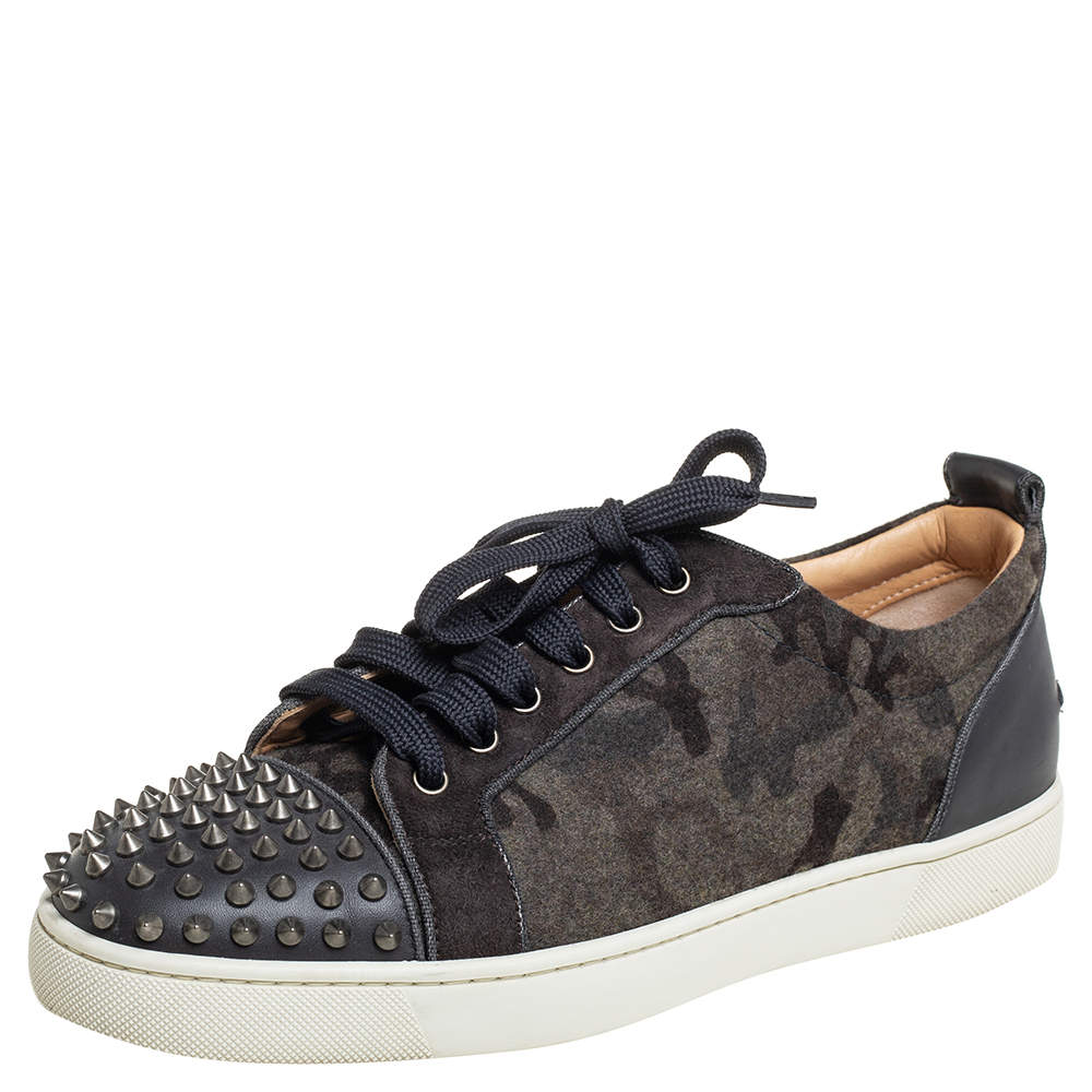 Pre Owned Christian Louboutin Multicolor Leather And Wool Louis Junior Spiked Low Top Sneakers Size 41.5