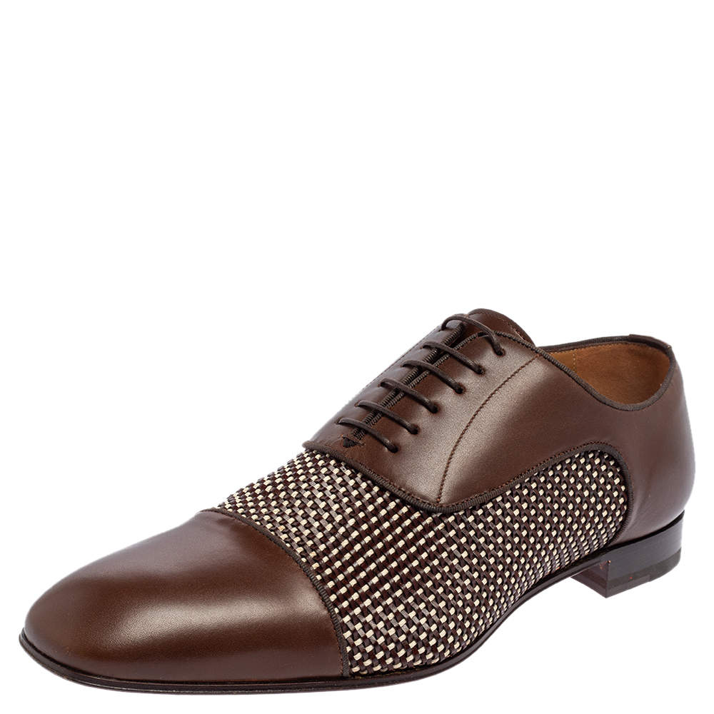 Pre Owned Christian Louboutin Brown Woven Leather Greggo Lace Up Oxford Size 42.5