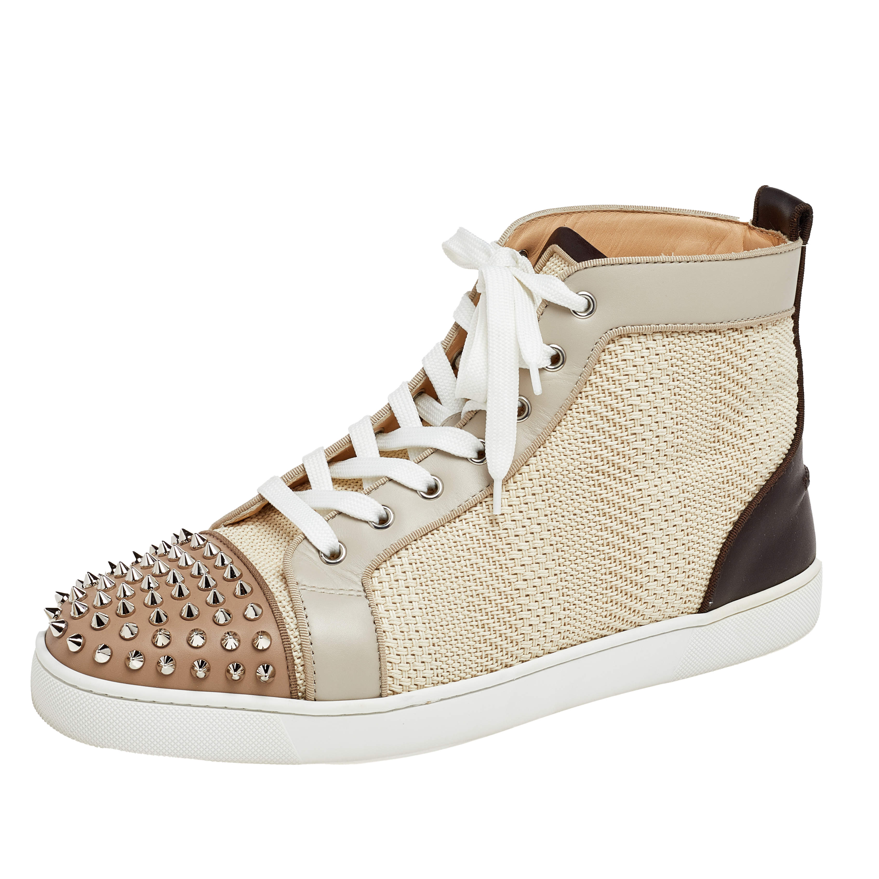 Pre Owned Christian Louboutin Multicolor Leather And Woven Raffia Lou Spikes High Top Sneakers Size 43.5